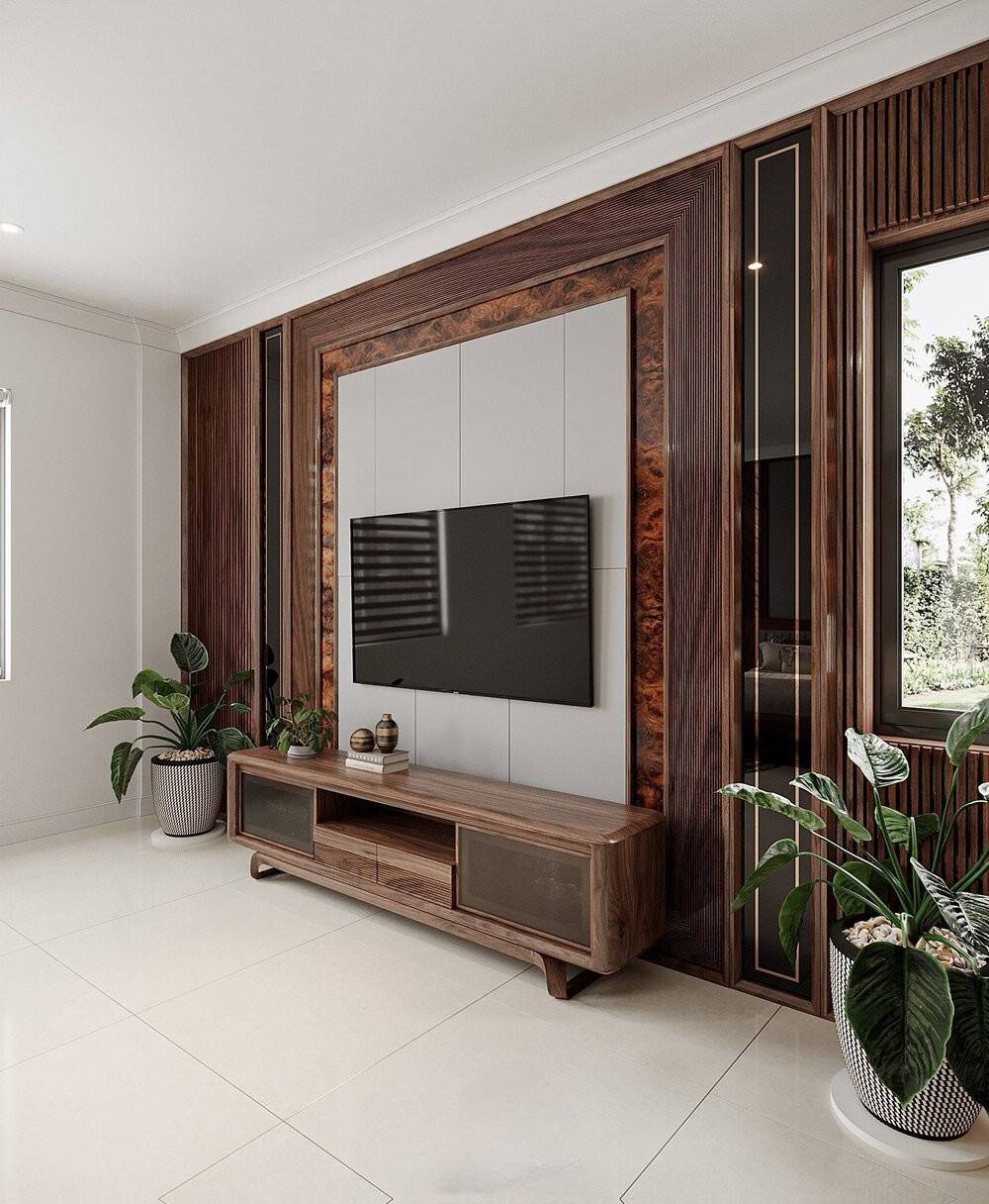 Kệ tivi gỗ óc chó hiện đại cho phòng ngủ sang trọng