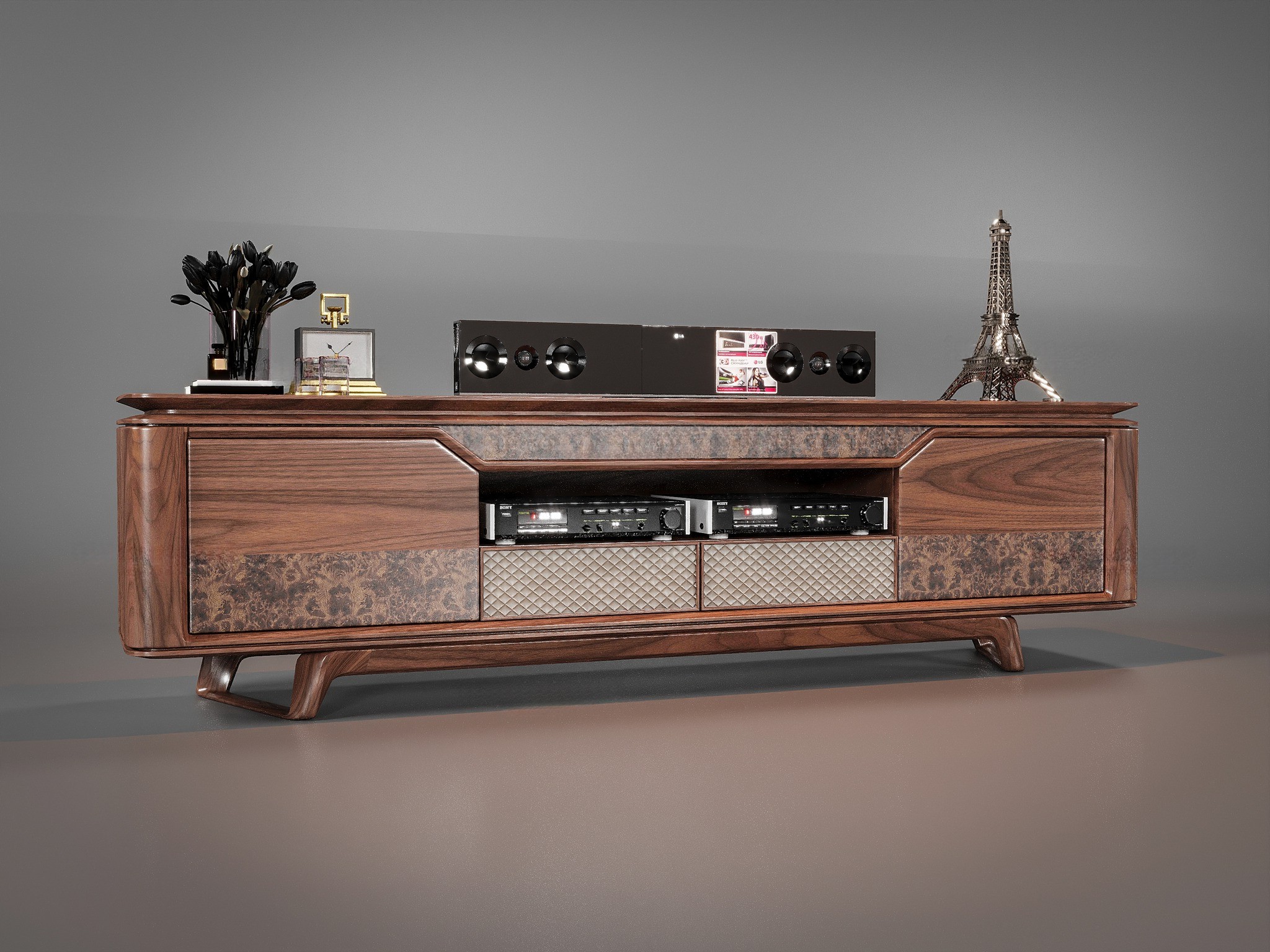 Kệ tivi gỗ óc chó tự nhiên hiện đại với ngăn kính veneer nu và ngăn kéo bọc da chần bông