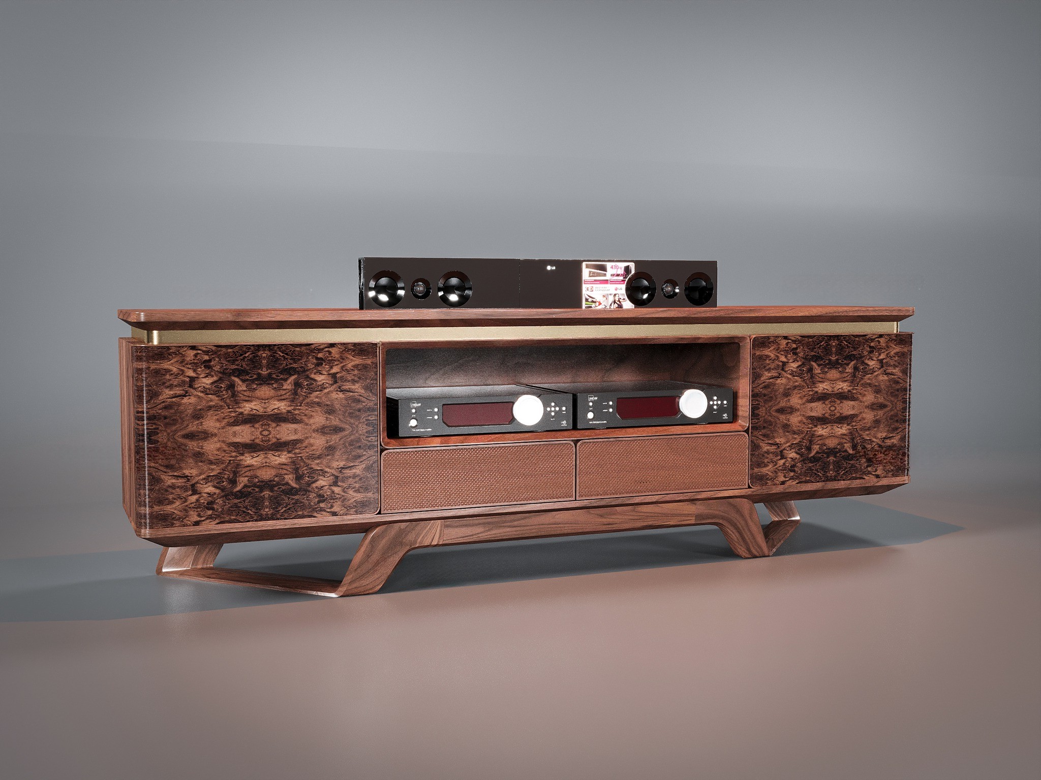 Kệ tivi gỗ hình hộp chữ nhật, chân chữ U vát chéo, mặt cánh CNC và veneer nu