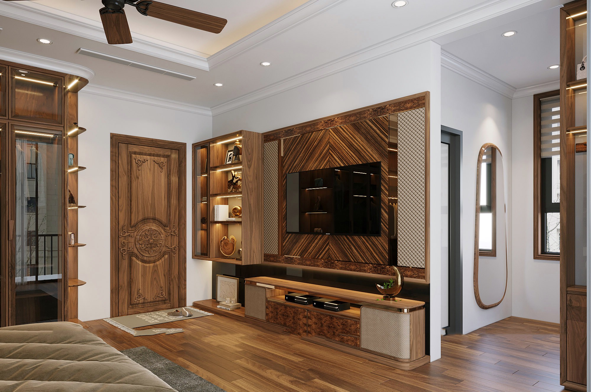 Kệ tivi hiện đại đẹp gỗ óc chó CNC tổ ong veneer nu và viền mạ vàng đồng