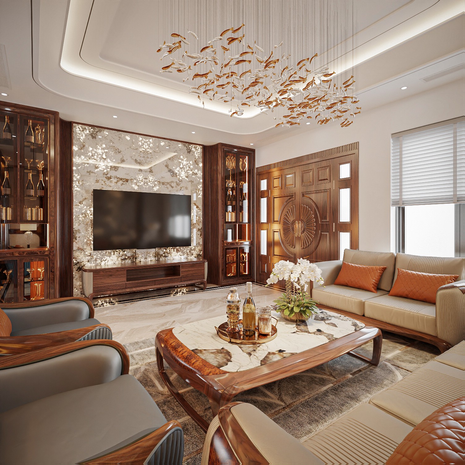 Kệ tivi kèm tủ rượu gỗ tự nhiên màu nâu đỏ thiết kế CNC và tủ rượu kính sang trọng