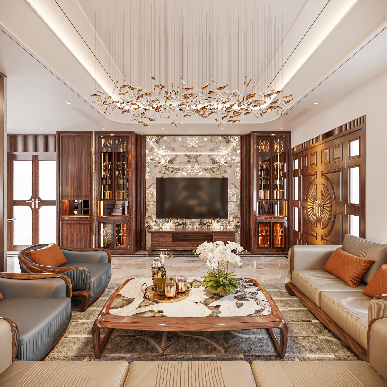 Kệ tivi kết hợp tủ rượu hiện đại gỗ chữ nhật, tường ốp nhựa xuyên sáng OnyX và tủ rượu cánh kính sang trọng