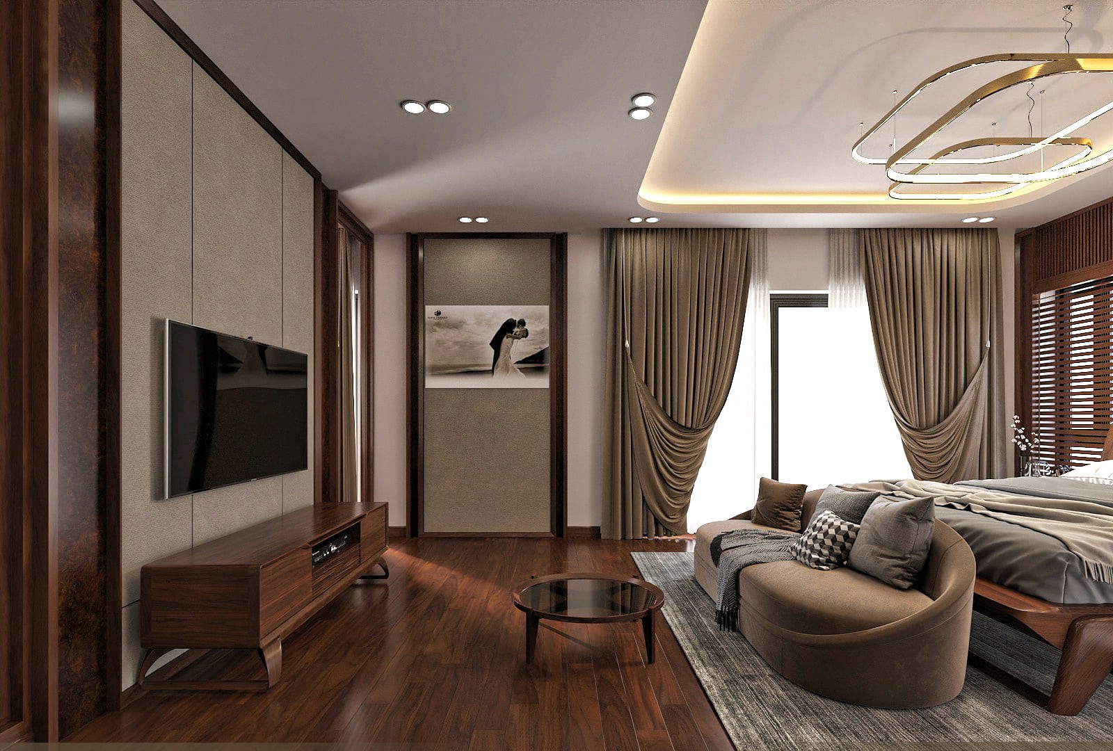 Kệ tivi phòng ngủ dáng thấp bằng gỗ óc chó hoặc gỗ sồi sơn màu nâu đậm với thiết kế chữ U hiện đại