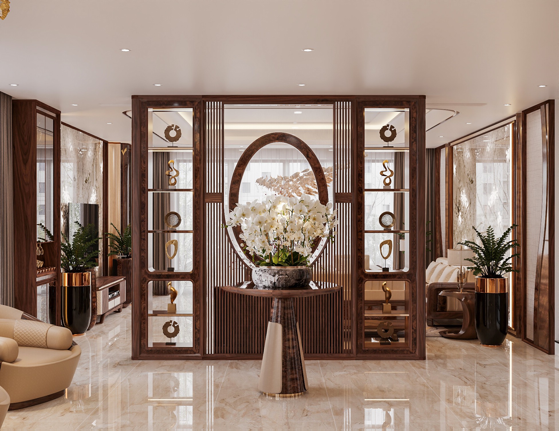 Kệ vách ngăn phòng khách gỗ tự nhiên với lam sóng và cutout oval tinh tế