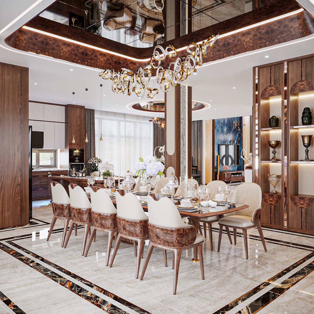 Mẫu bàn ăn đẹp 10 ghế hiện đại với mặt kính viền gỗ và ghế bọc nỉ hoặc da sang trọng