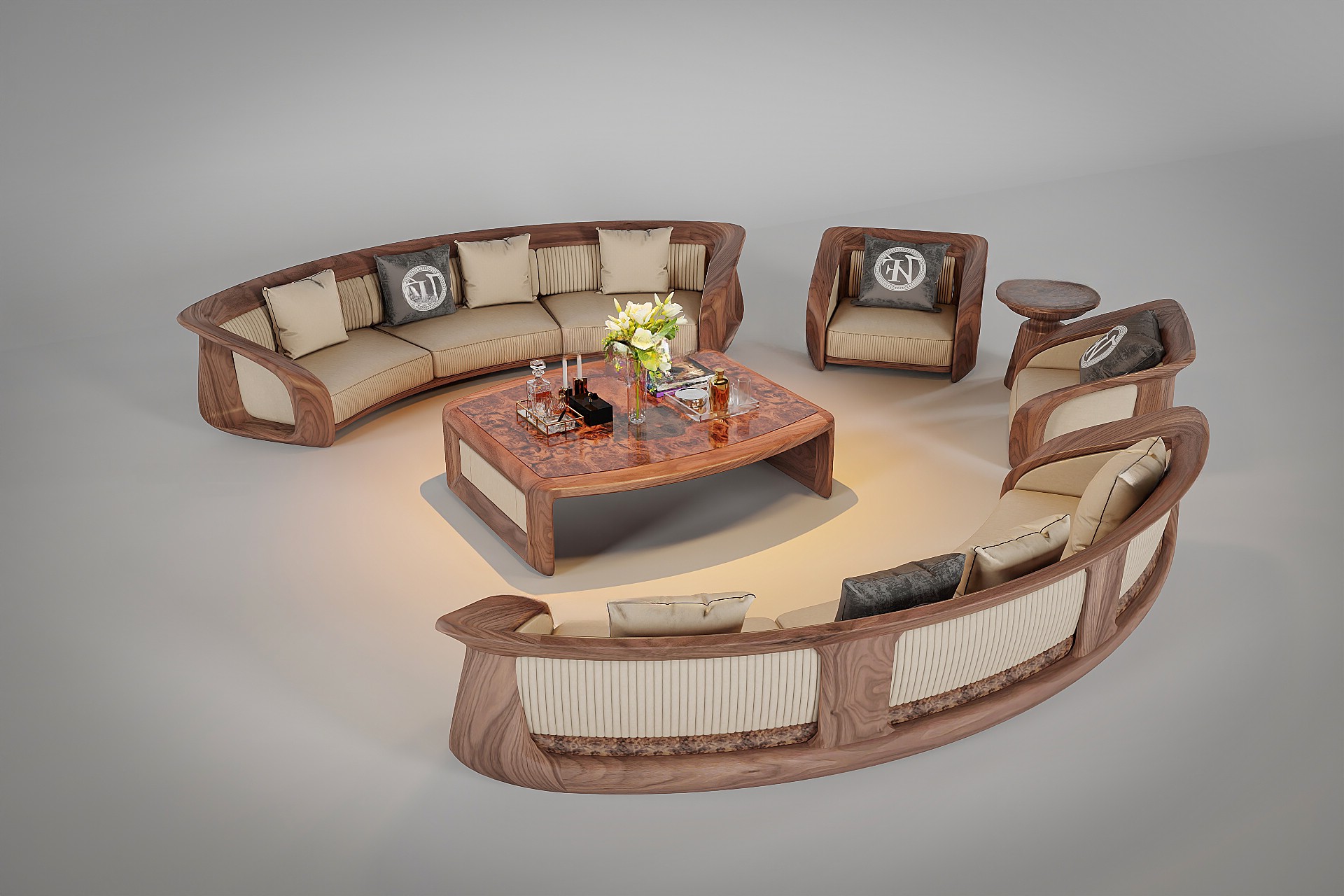Mẫu bàn ghế phòng khách đẹp khung gỗ vòm cung và bàn trà veneer nu