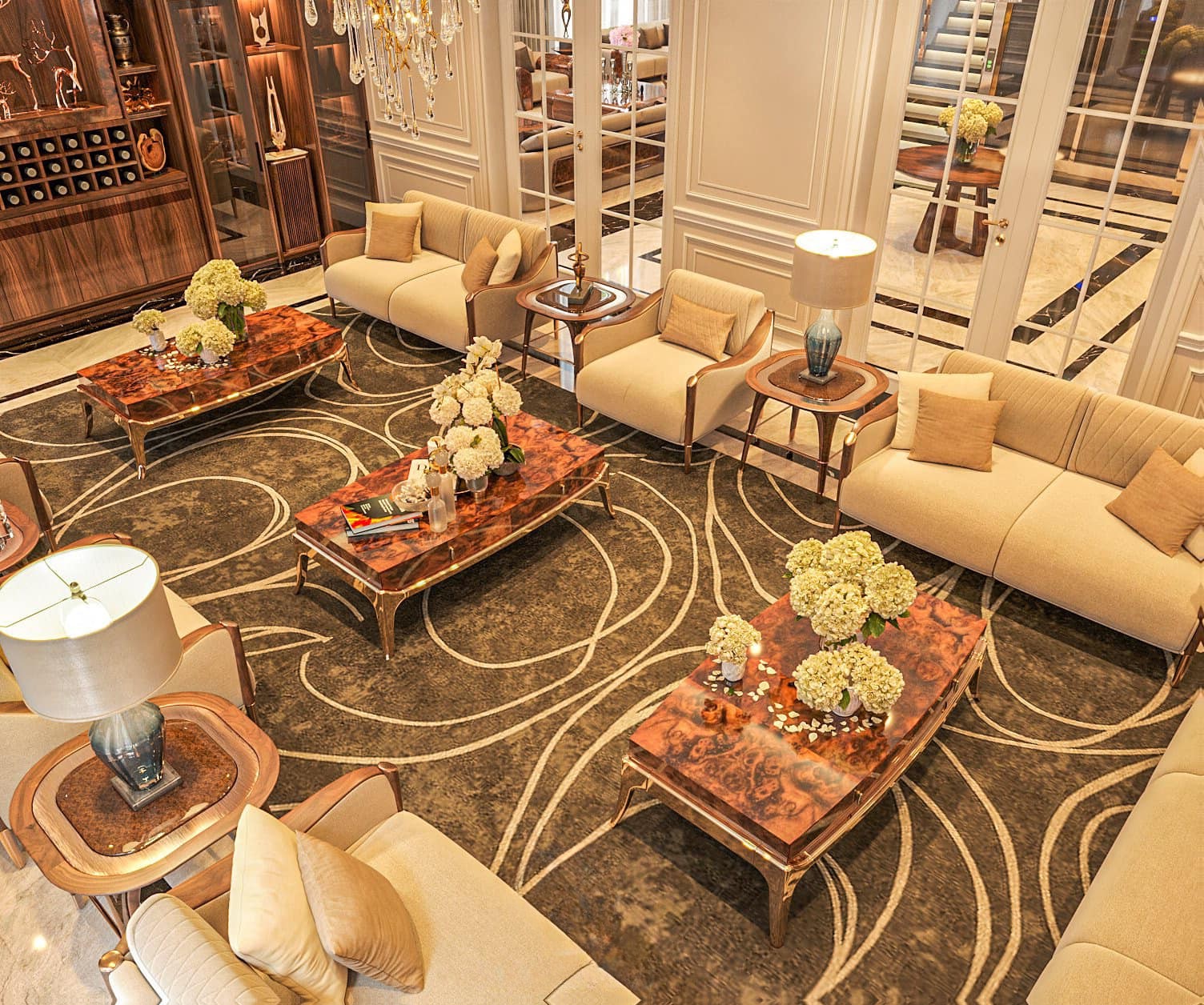 Mẫu bàn trà gỗ đẹp hình chữ nhật với mặt gỗ veneer nu và chân kim loại mạ vàng đồng