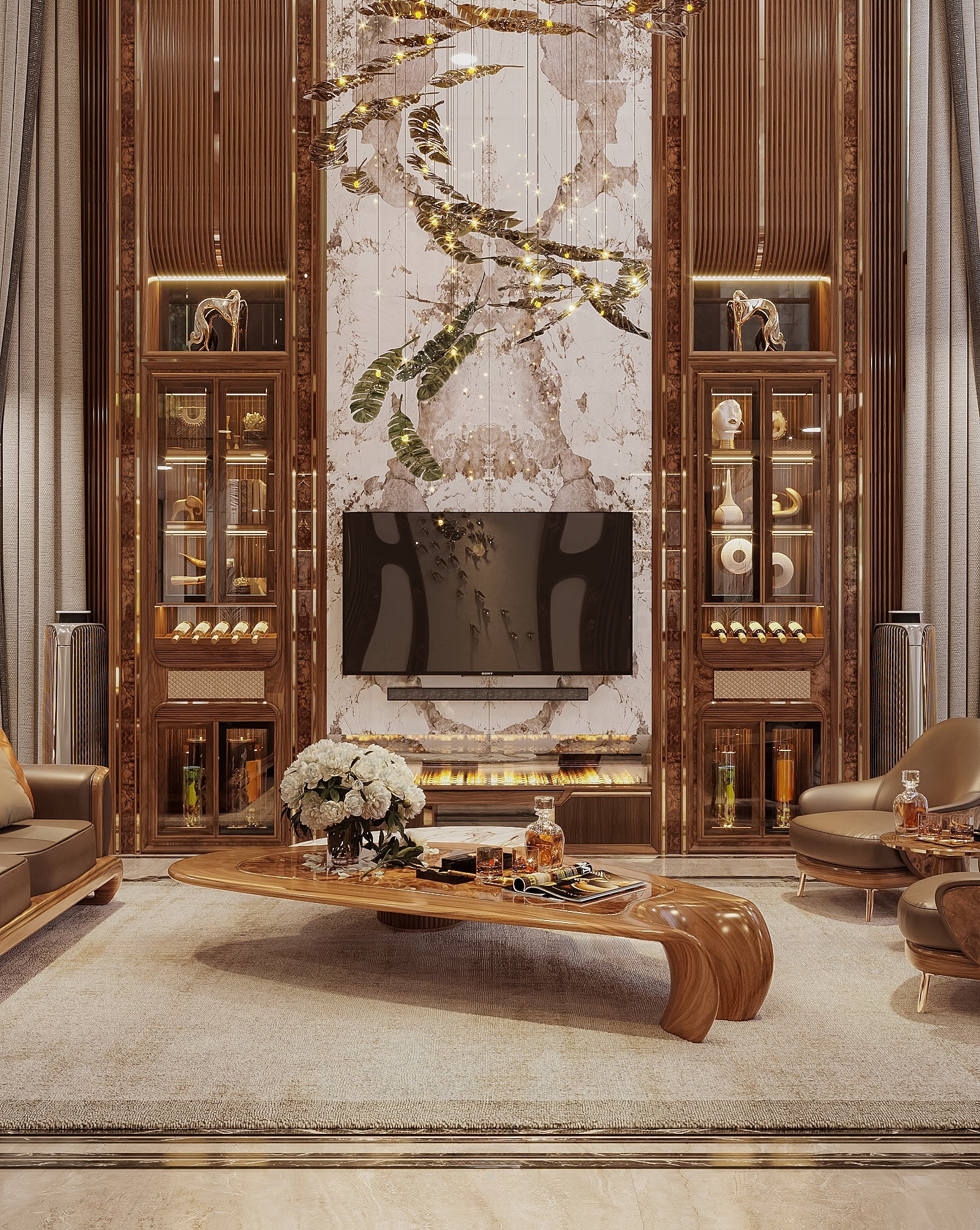 Mẫu bàn trà gỗ tự nhiên 2 tầng tách rời với mặt veneer nu và đá marble trắng vân mây đen