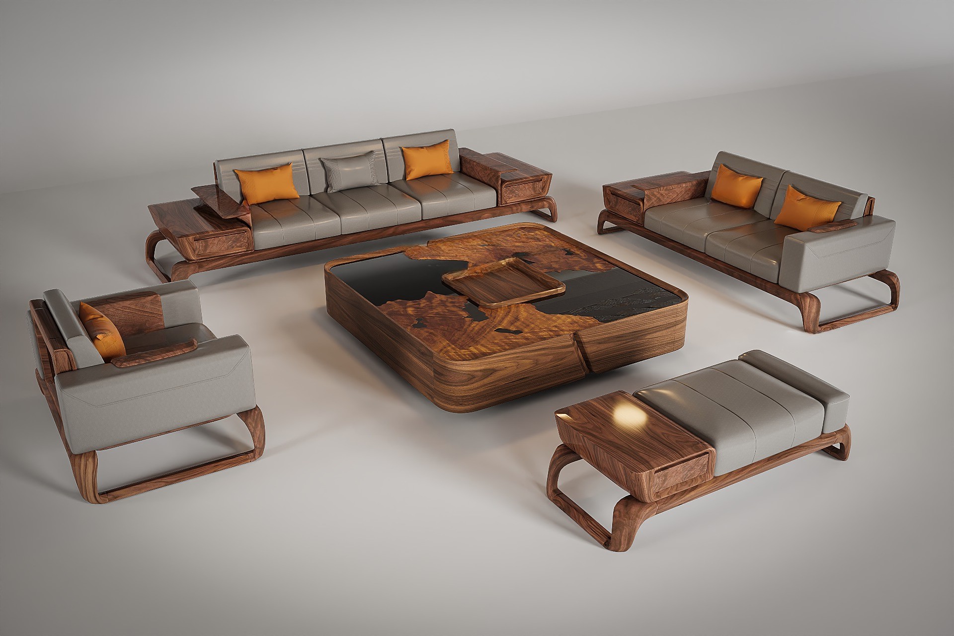 Mẫu bộ bàn ghế phòng khách đẹp bằng gỗ óc chó với bàn trà vuông mặt gỗ và kính