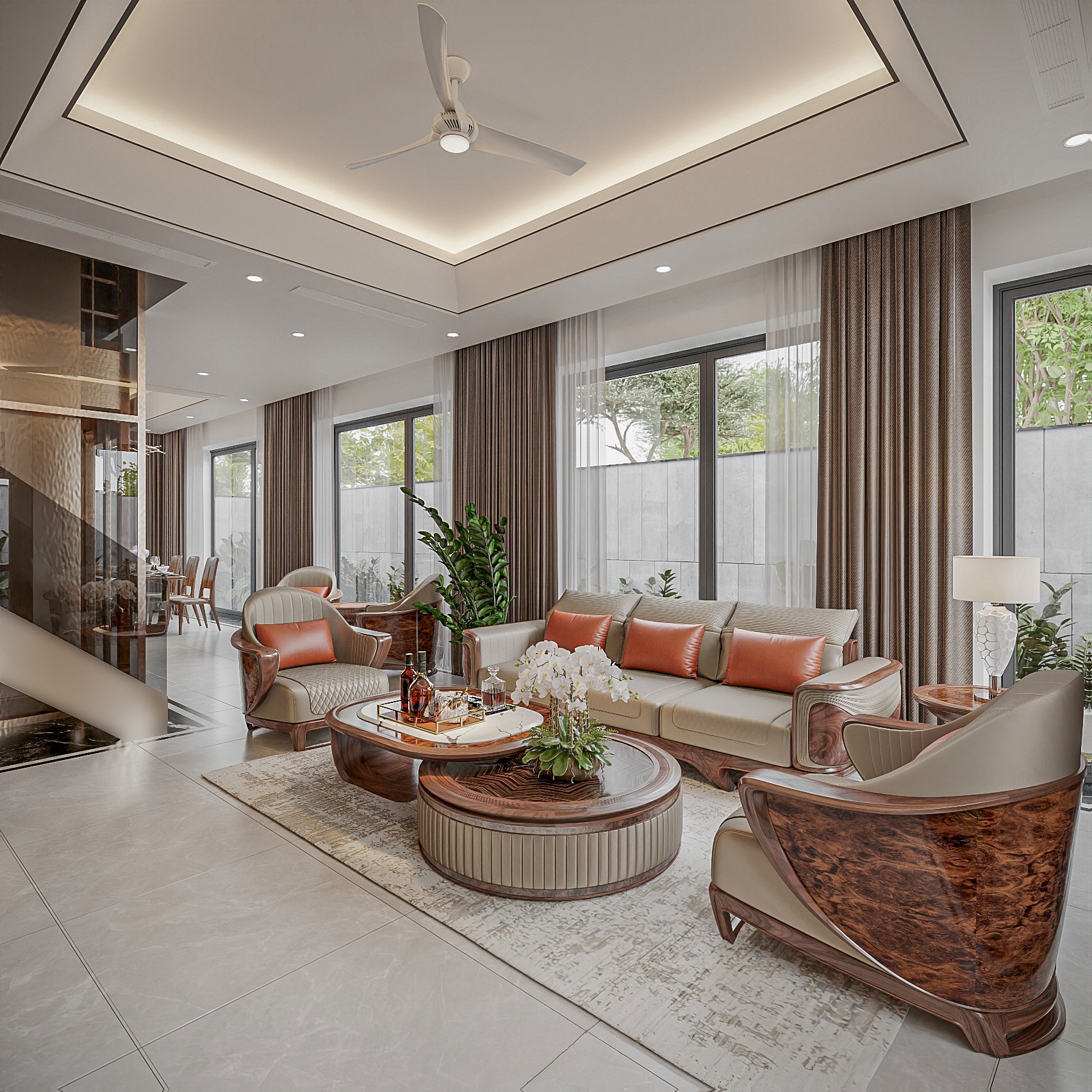 Mẫu ghế sofa gỗ cao cấp văng 3 chỗ kết hợp ghế đơn và bàn trà mặt đá marble trắng