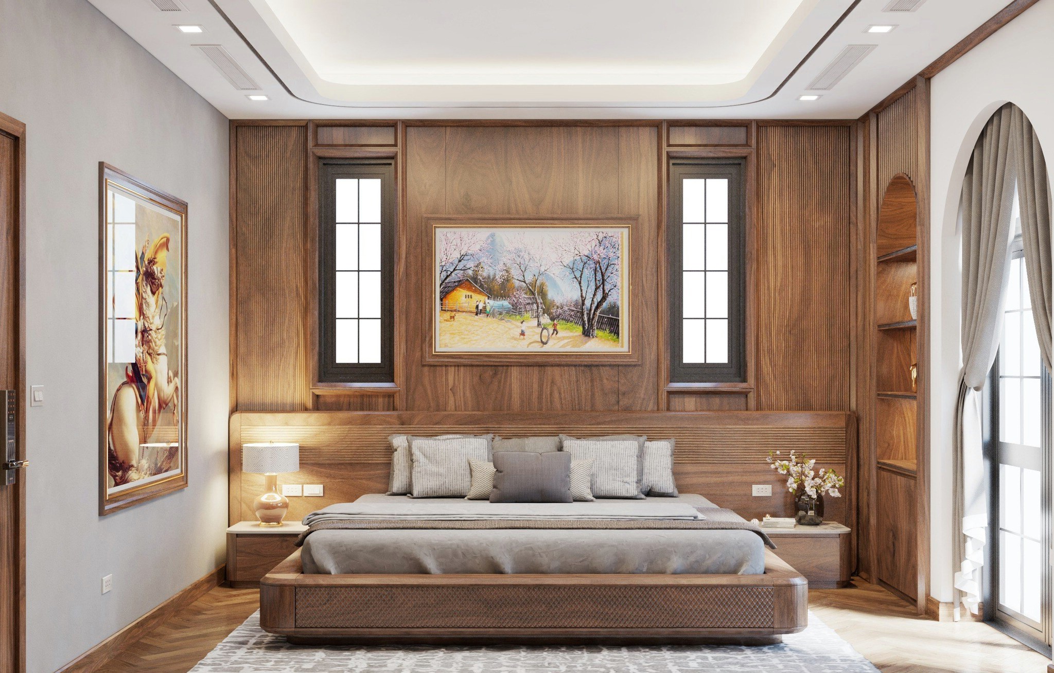 Mẫu giường gỗ óc chó thiết kế hiện đại tối giản