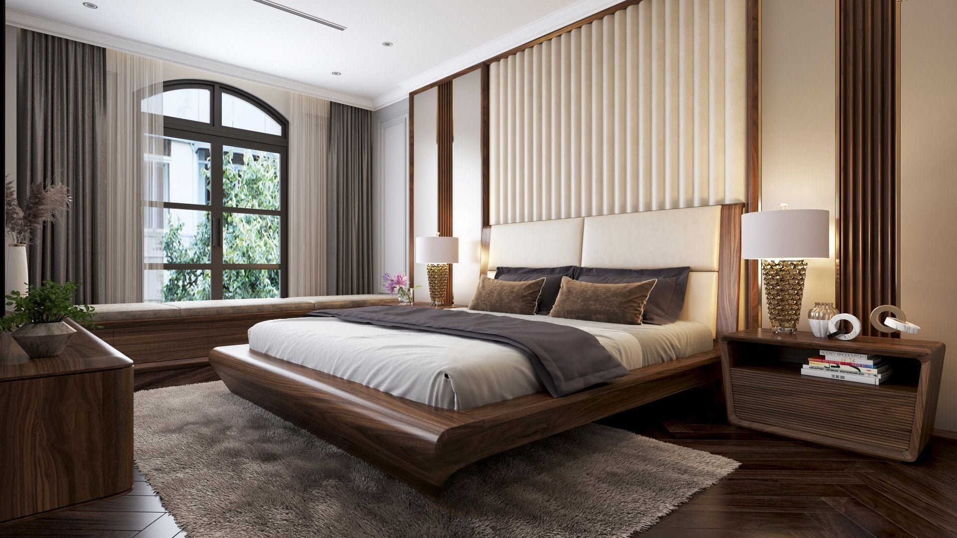 Mẫu giường ngủ đơn giản hiện đại bằng gỗ óc chó màu nâu đậm