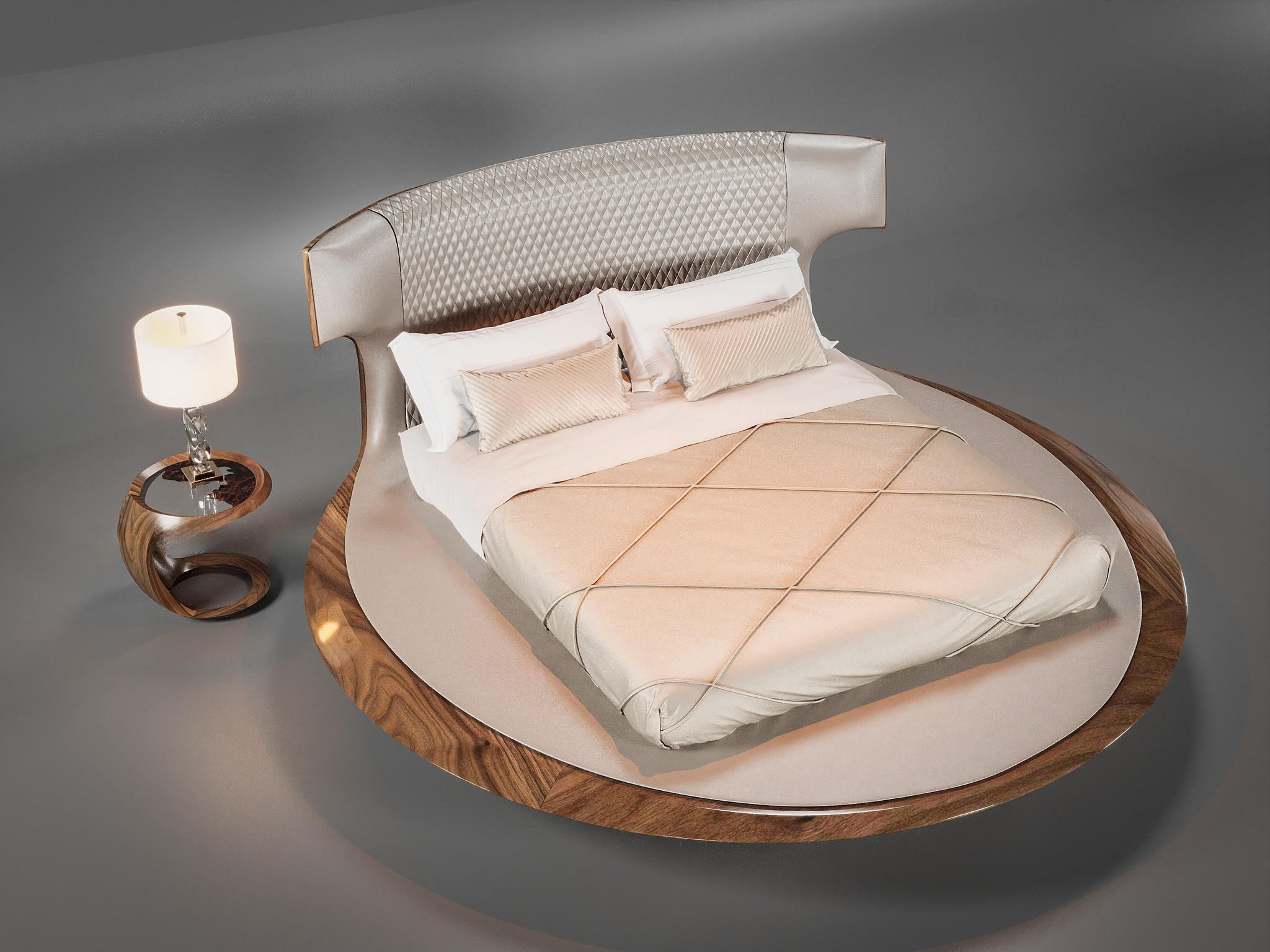 Mẫu giường ngủ gỗ đẹp hình tròn bằng gỗ óc chó hoặc gỗ sồi tự nhiên kết hợp nệm da sang trọng