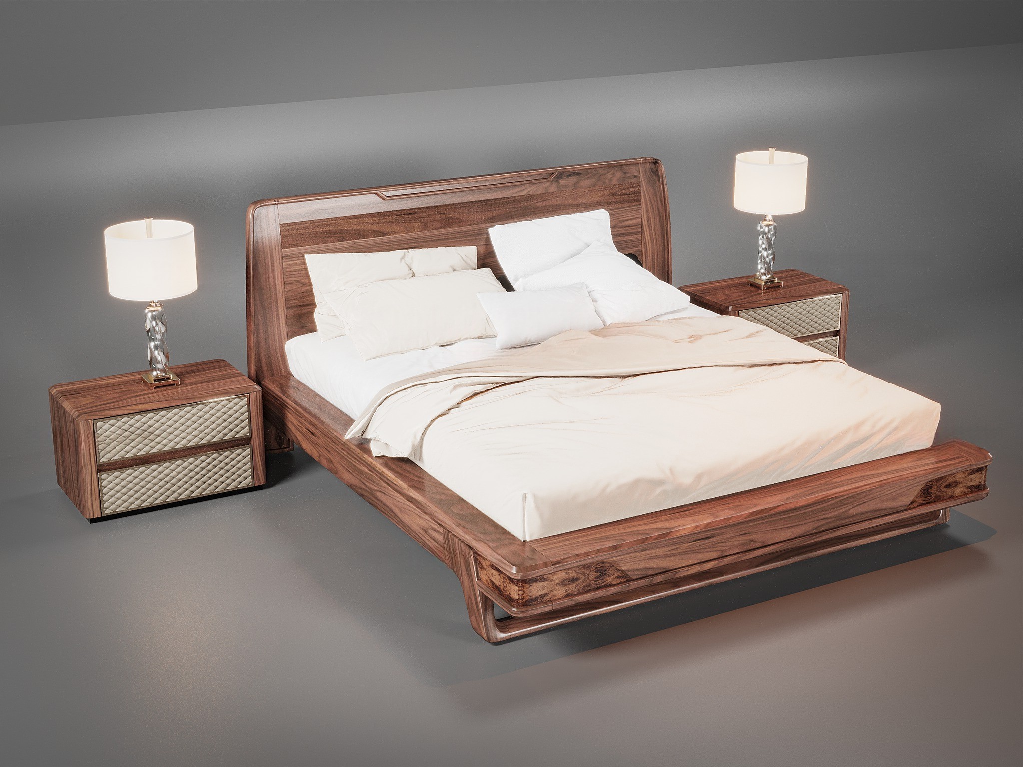 Mẫu giường ngủ hiện đại bằng gỗ óc chó với tab đầu giường ốp da quả trám