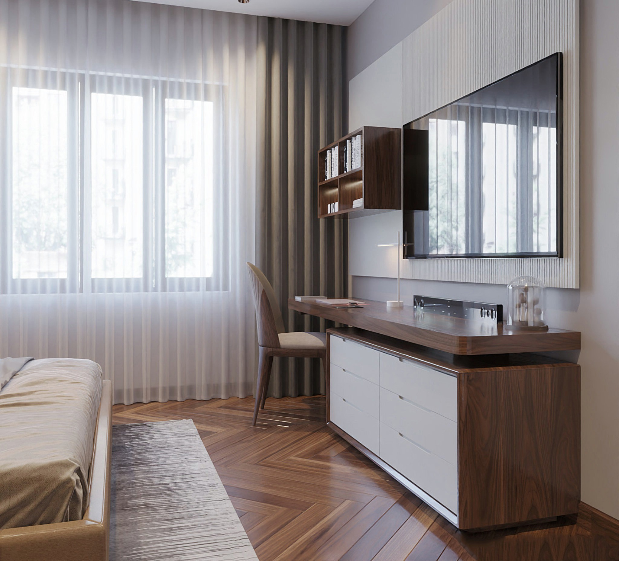 Mẫu kệ tivi đẹp hiện đại gỗ óc chó hoặc gỗ sồi kết hợp bàn làm việc