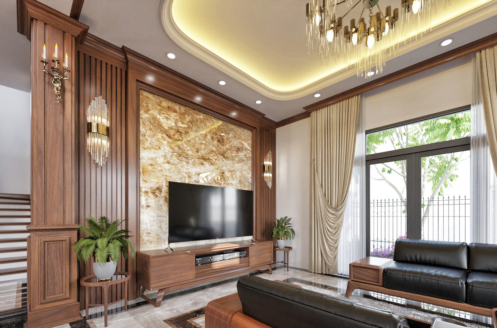 Mẫu kệ tivi phòng khách gỗ tự nhiên dáng thấp với ngăn kéo và hộc tủ