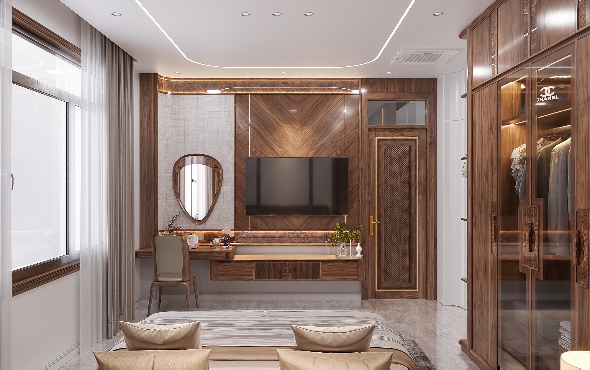 Mẫu kệ tivi treo tường hiện đại bằng gỗ óc chó hoặc gỗ sồi màu nâu nhạt với 4 ngăn kéo và cánh CNC kẻ sọc dọc