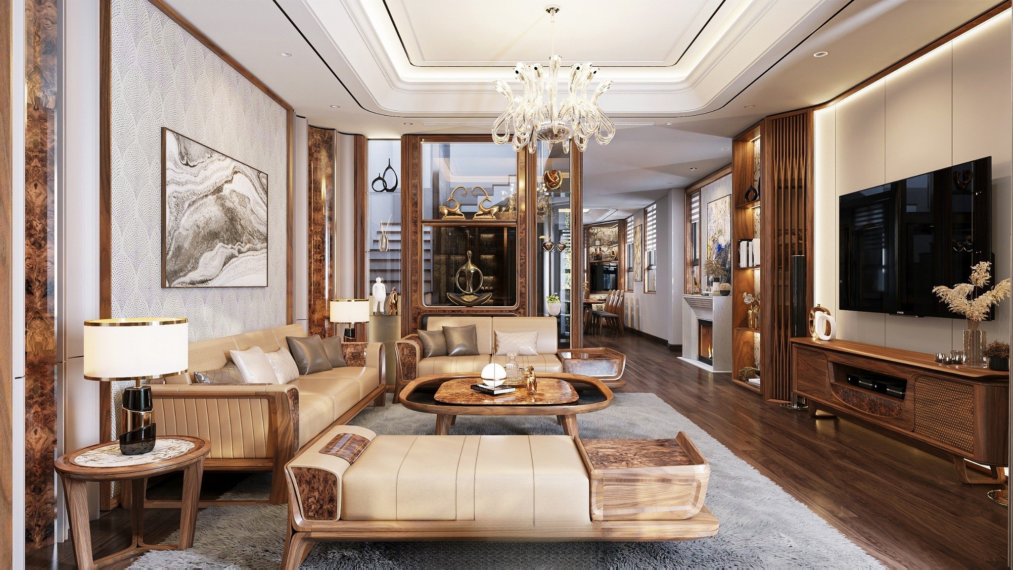 Mẫu nội thất phòng khách với sofa gỗ óc chó và kệ tivi veneer nu sang trọng