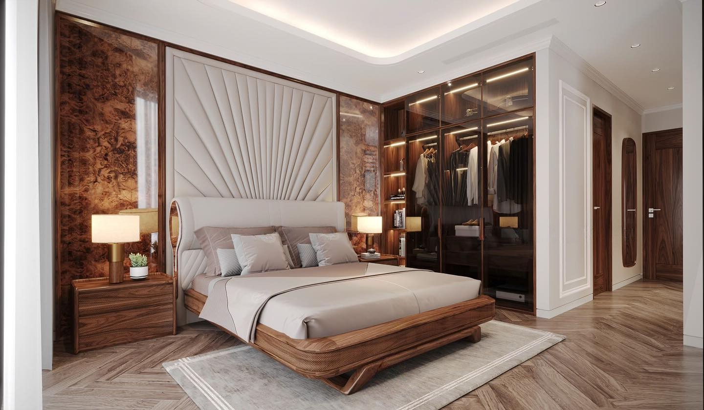 Mẫu nội thất phòng ngủ hiện đại với giường hộp CNC mắt cáo và tủ quần áo cánh kính