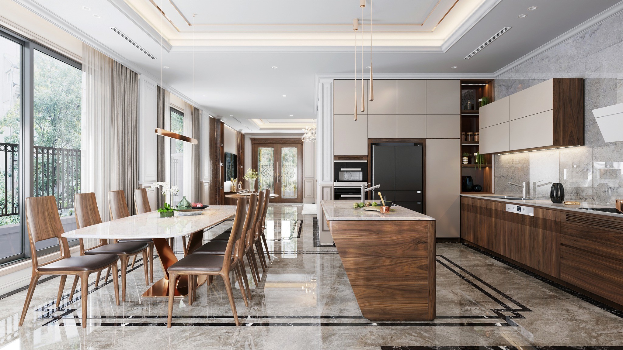 Mẫu phòng bếp đẹp hiện đại với tủ bếp chữ L gỗ công nghiệp, quầy bar bồn rửa và bàn ăn mặt đá granite