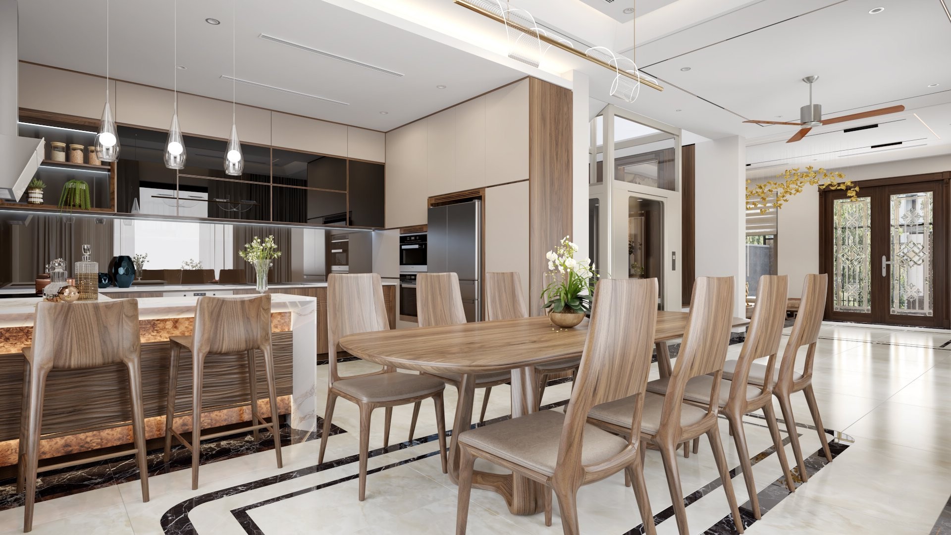 Mẫu phòng bếp đẹp với bàn ăn gỗ óc chó và tủ bếp chữ U hiện đại