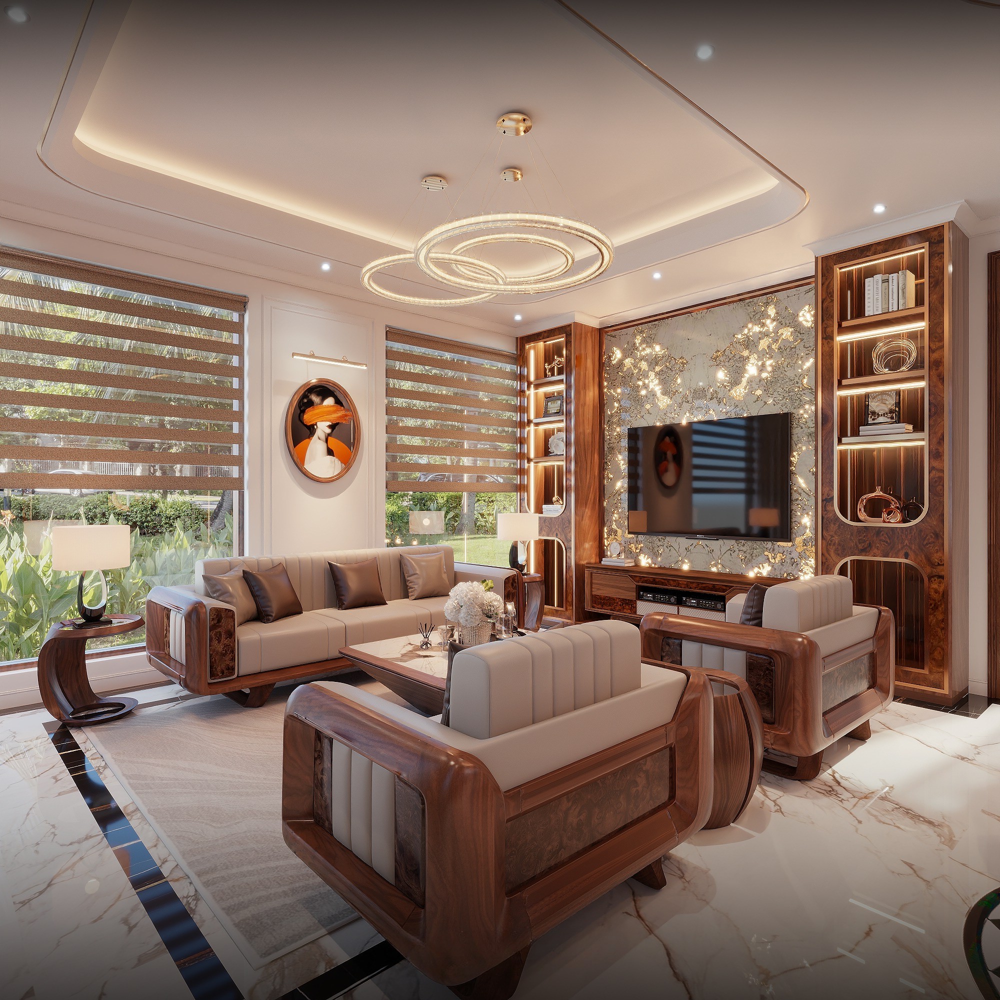 Mẫu phòng khách hiện đại với kệ tivi treo tường và tường ốp đá Onyx