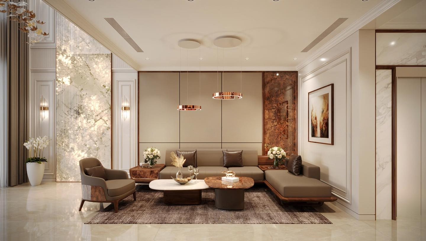 Mẫu sofa gỗ chữ L đẹp với bàn trà đôi và ghế đơn bọc da xám