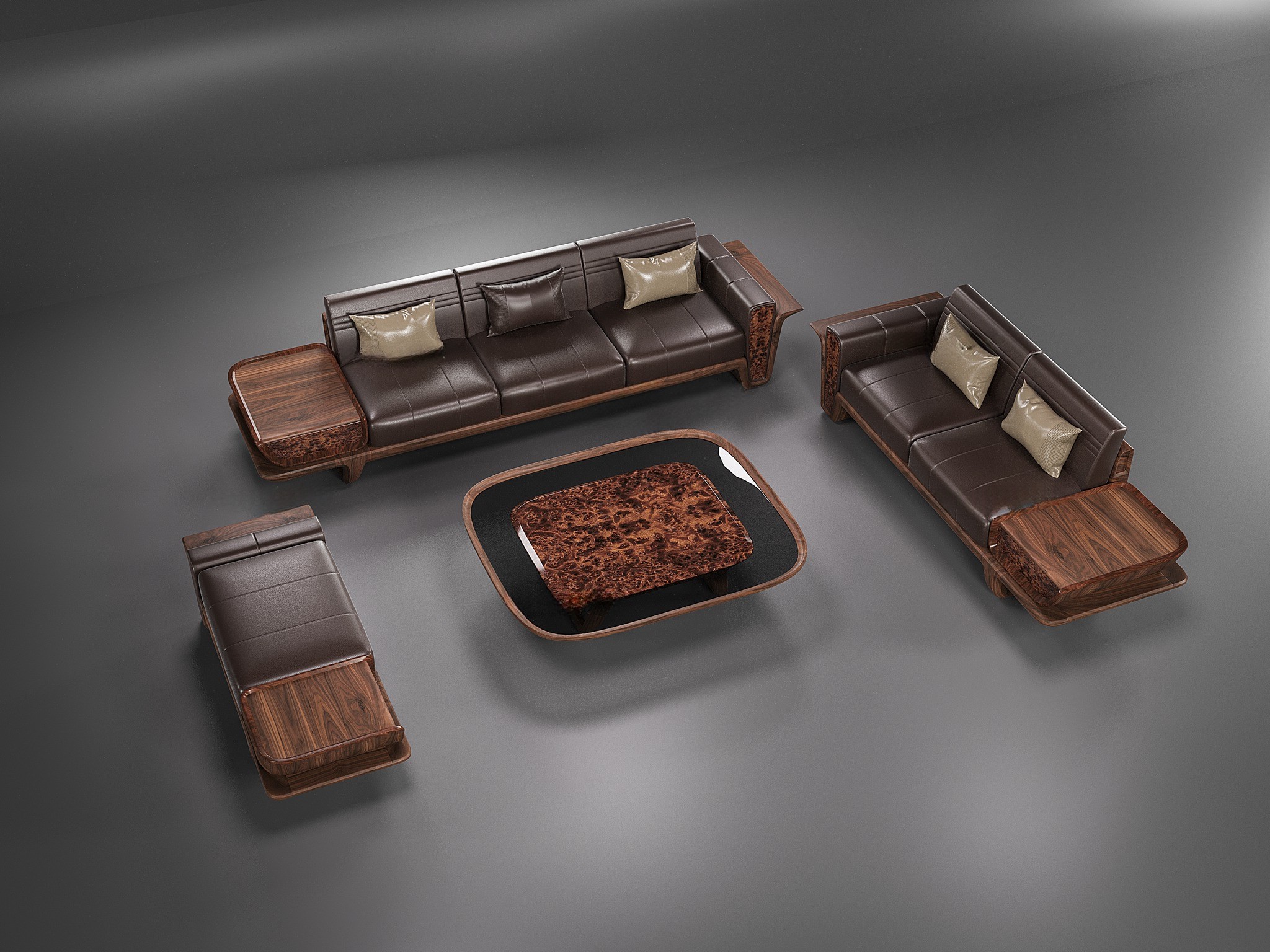 Mẫu sofa gỗ đẹp hiện đại với tay vịn bọc da và bàn trà veneer nu