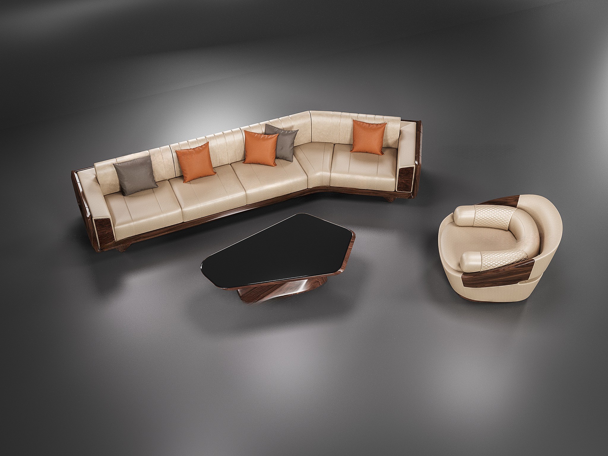 Mẫu sofa gỗ đẹp hiện đại 4 chỗ ngồi với khung gỗ óc chó hoặc gỗ gụ phủ bóng 2K kết hợp đệm da vàng kim và bàn trà đá ceramic đen