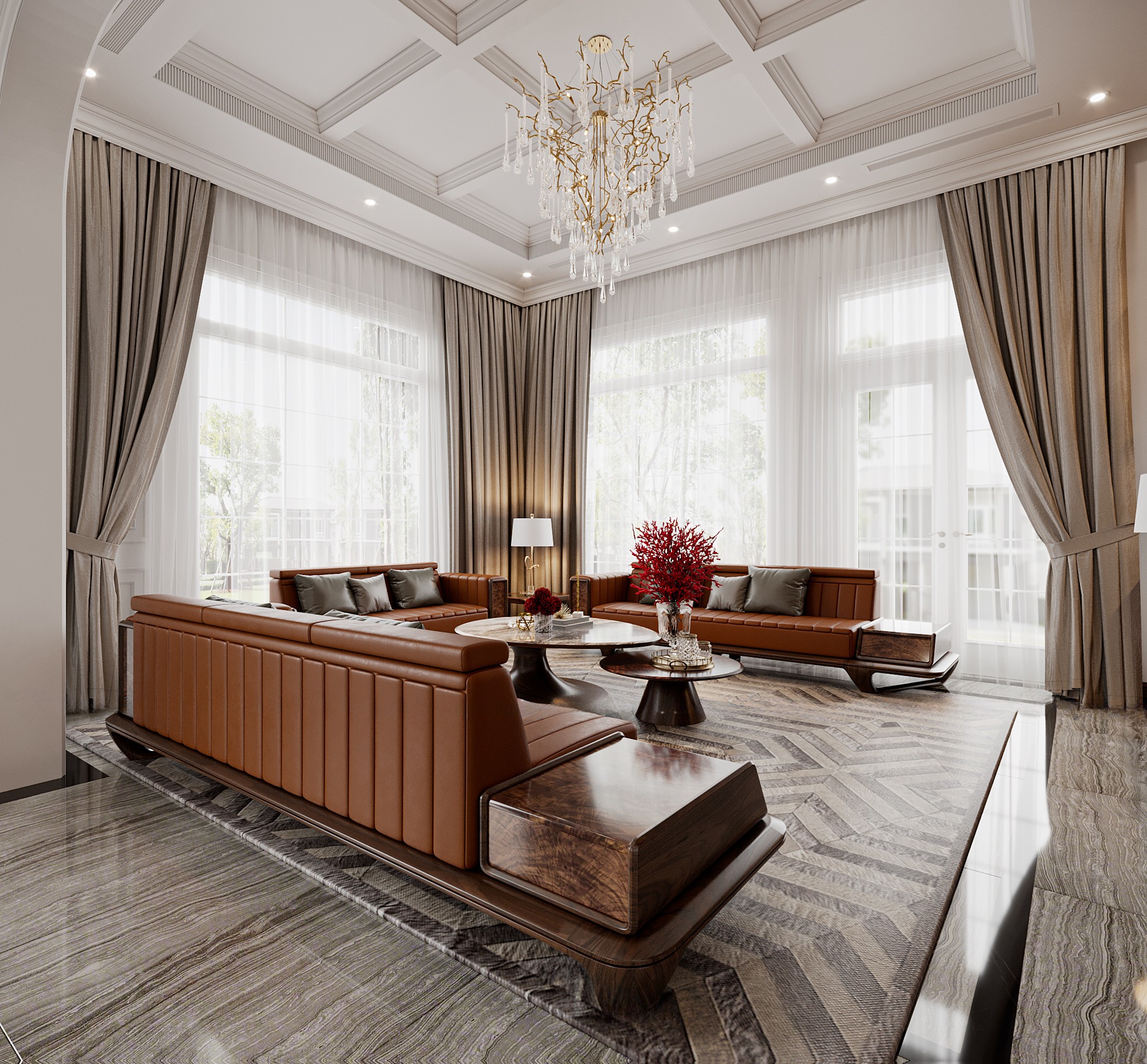 Mẫu sofa gỗ óc chó hiện đại chữ U với bàn trà đá marble