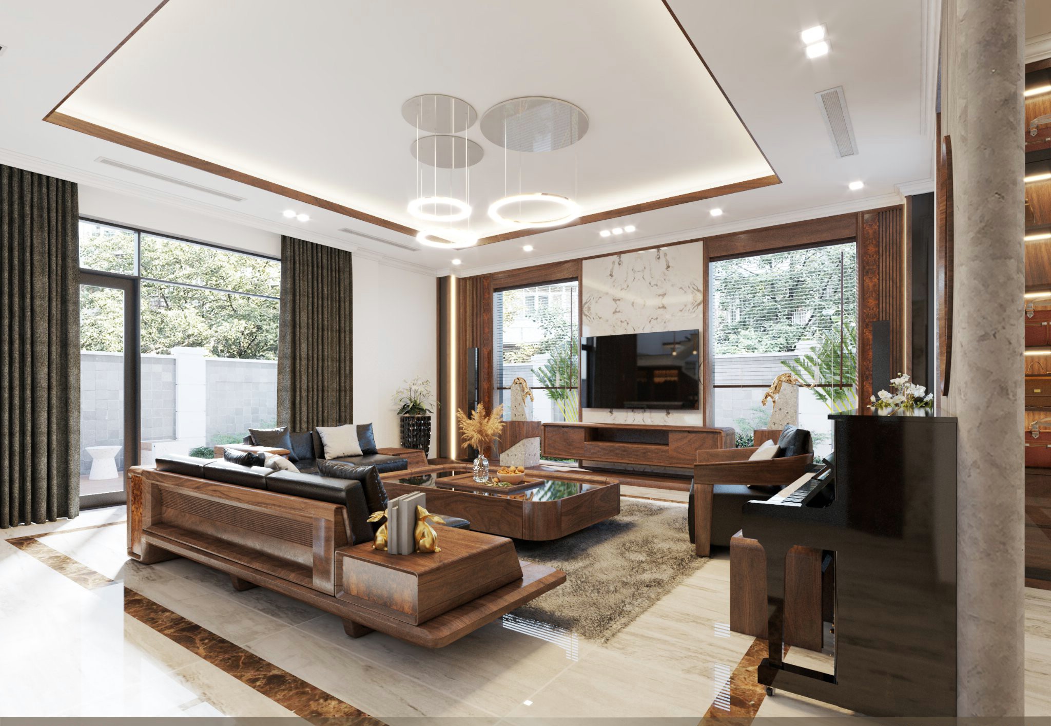 Mẫu thiết kế phòng khách đẹp với sofa gỗ, kệ tivi treo tường, thảm vàng đen và đèn chùm vòng tròn