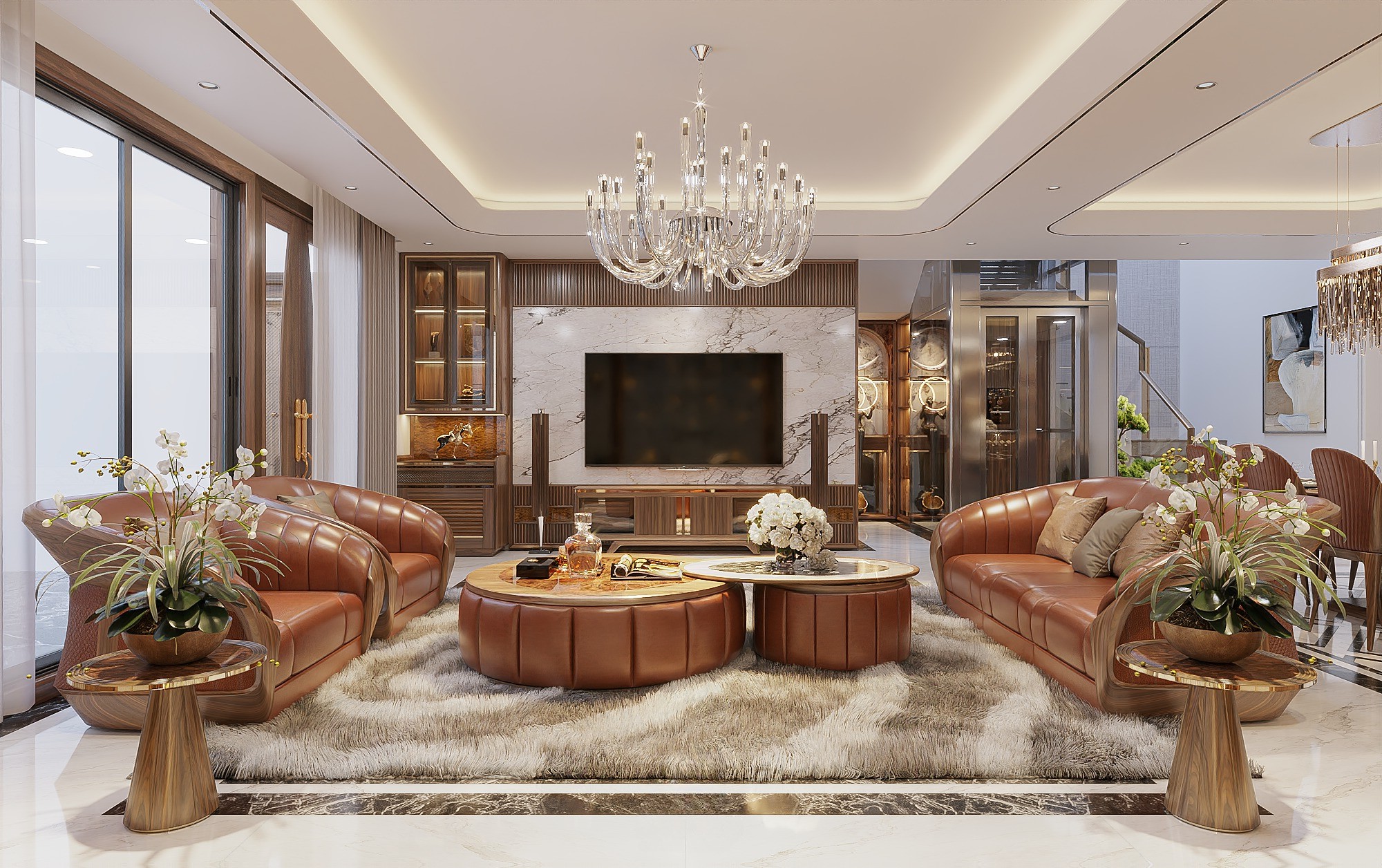 Mẫu thiết kế phòng khách với sofa gỗ óc chó và kệ tivi sát sàn sang trọng