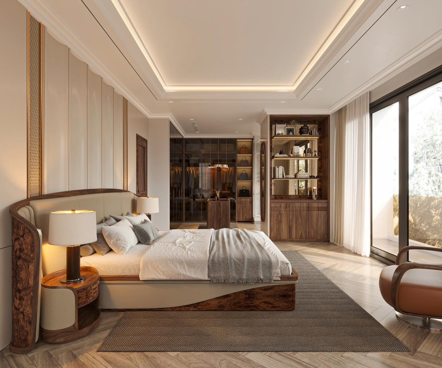 Mẫu thiết kế phòng ngủ đẹp hiện đại với giường vòm cung và tủ quần áo kính đen mờ