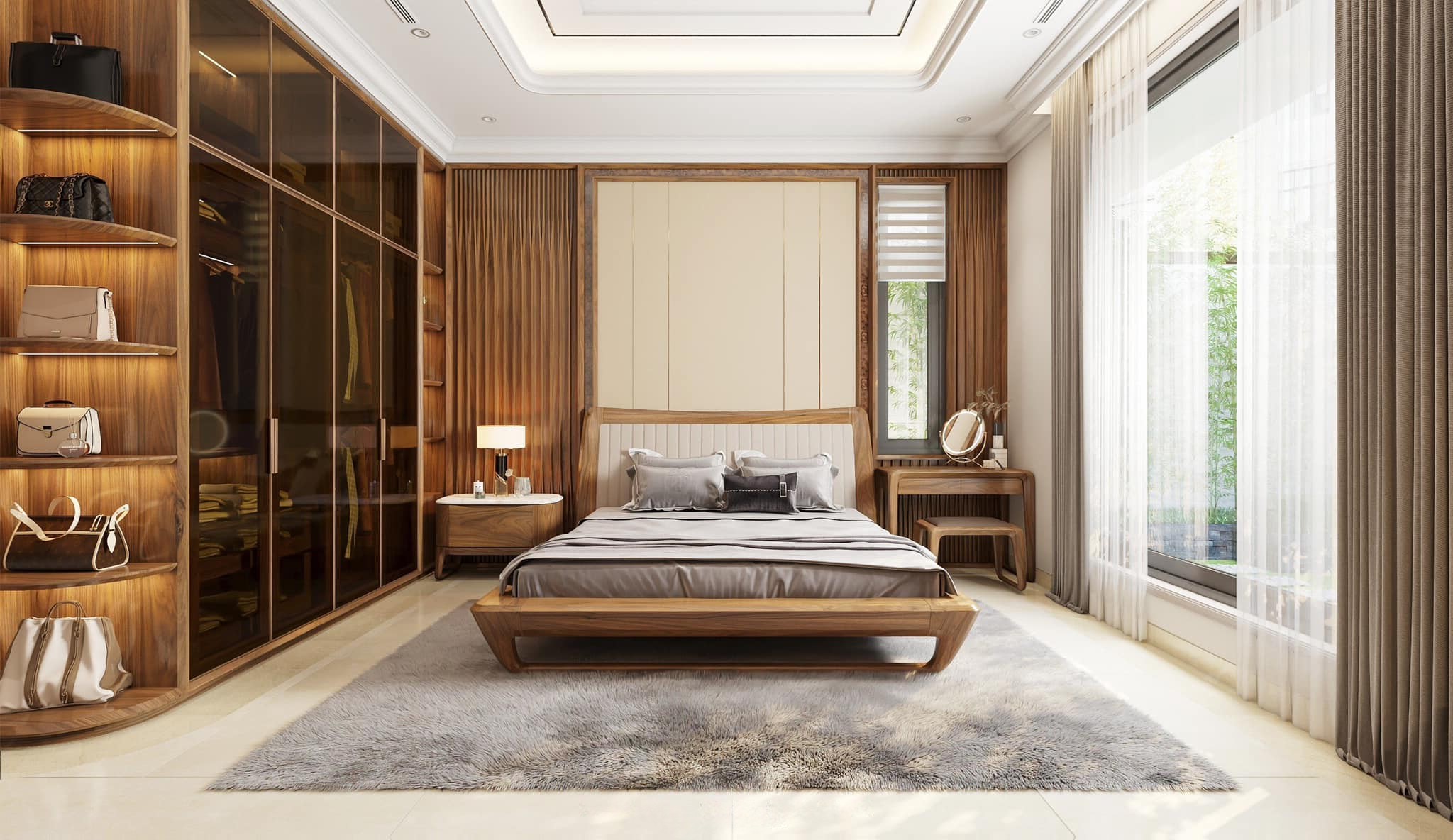 Mẫu thiết kế phòng ngủ hiện đại với tủ quần áo kính và giường gỗ veneer óc chó