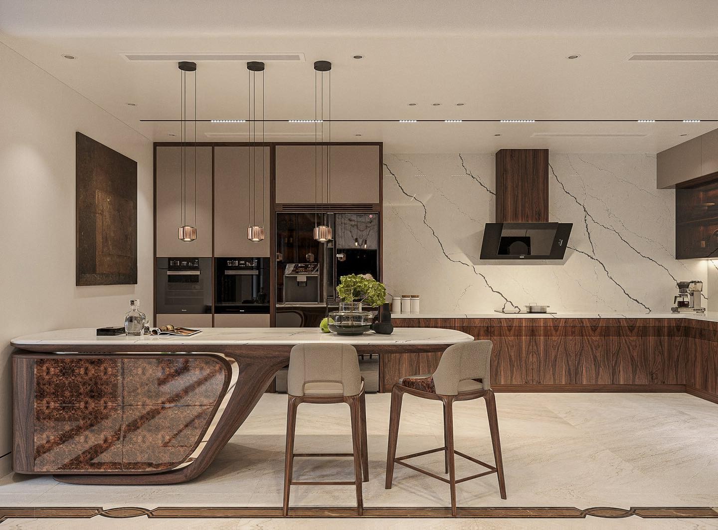 Mẫu thiết kế tủ bếp chữ L hiện đại kết hợp gỗ công nghiệp MDF, gỗ óc chó tự nhiên và đá granite trắng vân đen