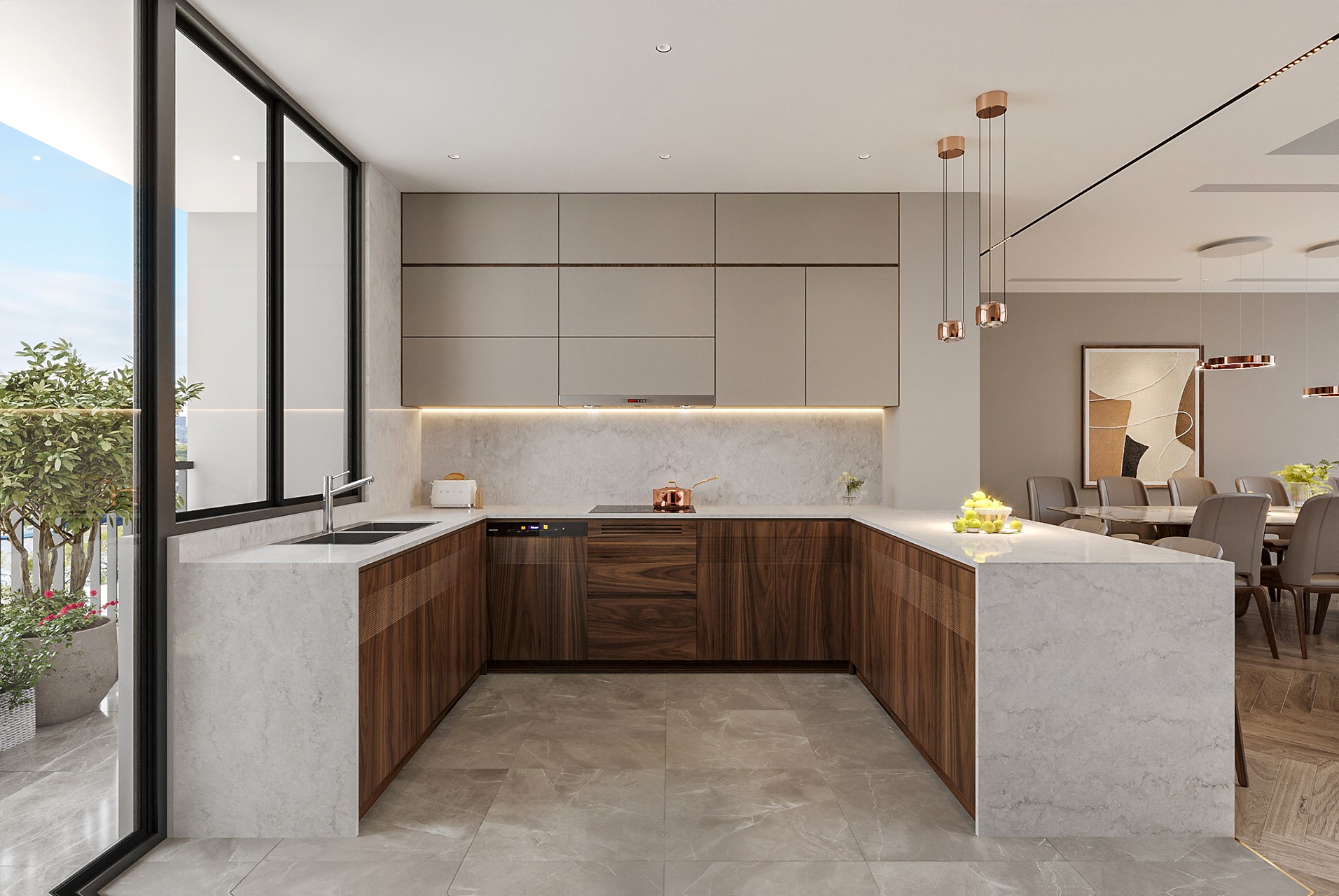 Mẫu tủ bếp dưới đẹp chữ L với bàn đảo gỗ óc chó và mặt đá nhân tạo