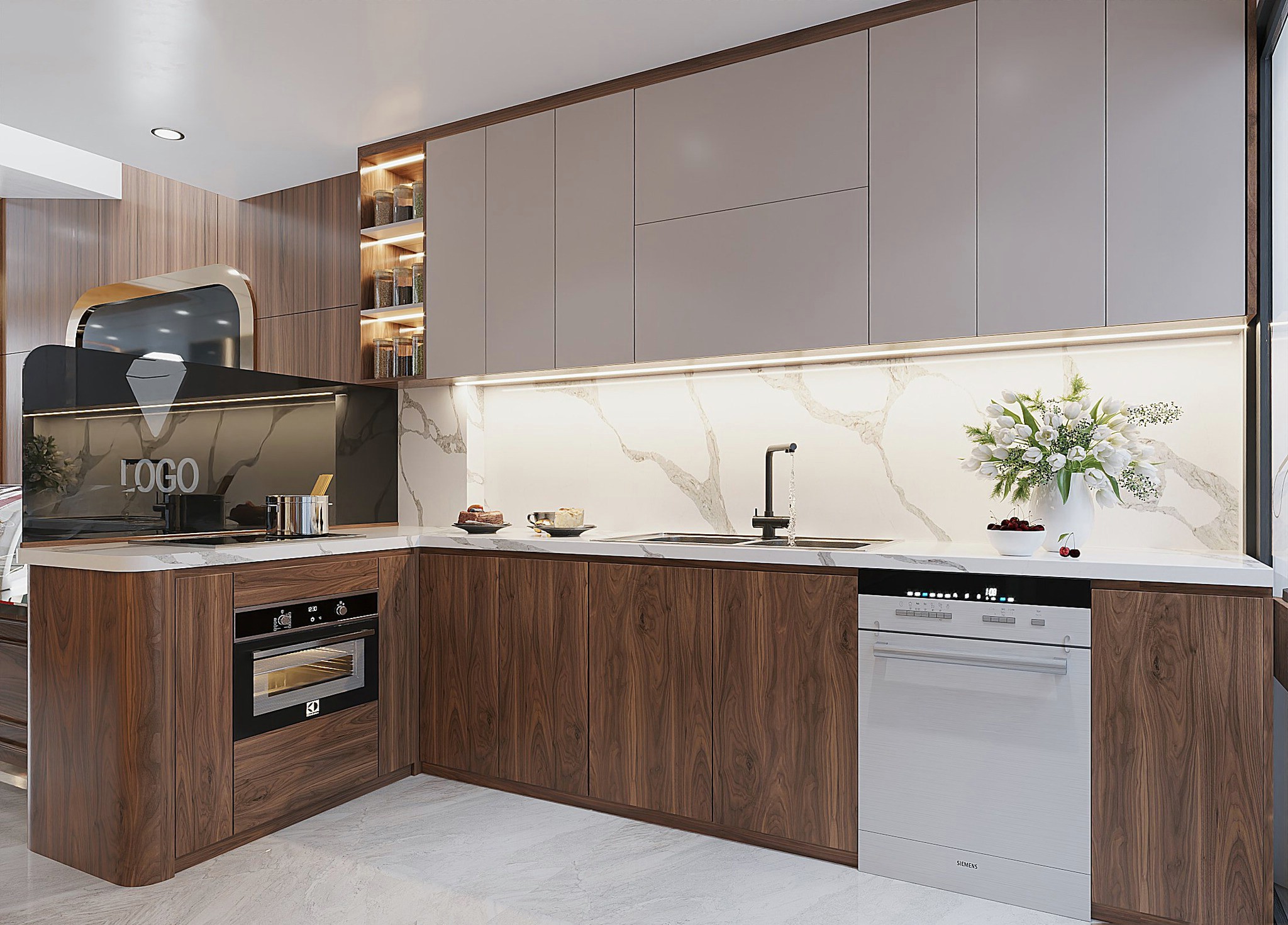 Mẫu tủ bếp gỗ công nghiệp chữ L nhỏ gọn với mặt đá granite trắng loang xám