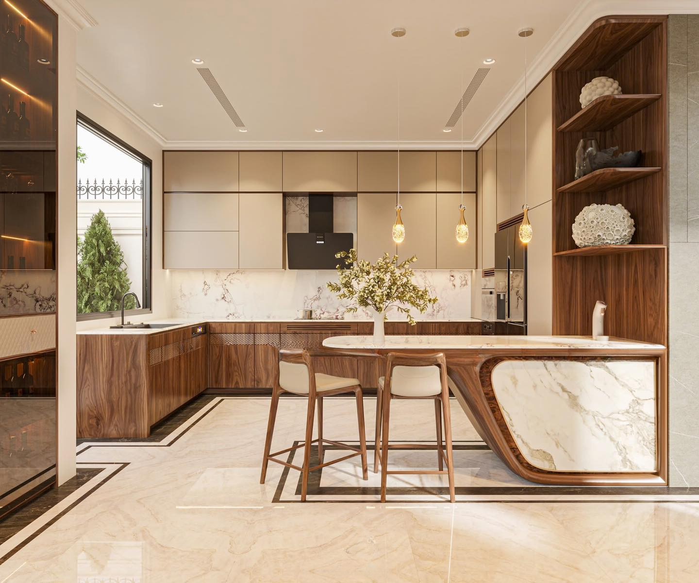 Mẫu tủ bếp gỗ đẹp chữ U với bàn bar và mặt đá marble trắng loang xám