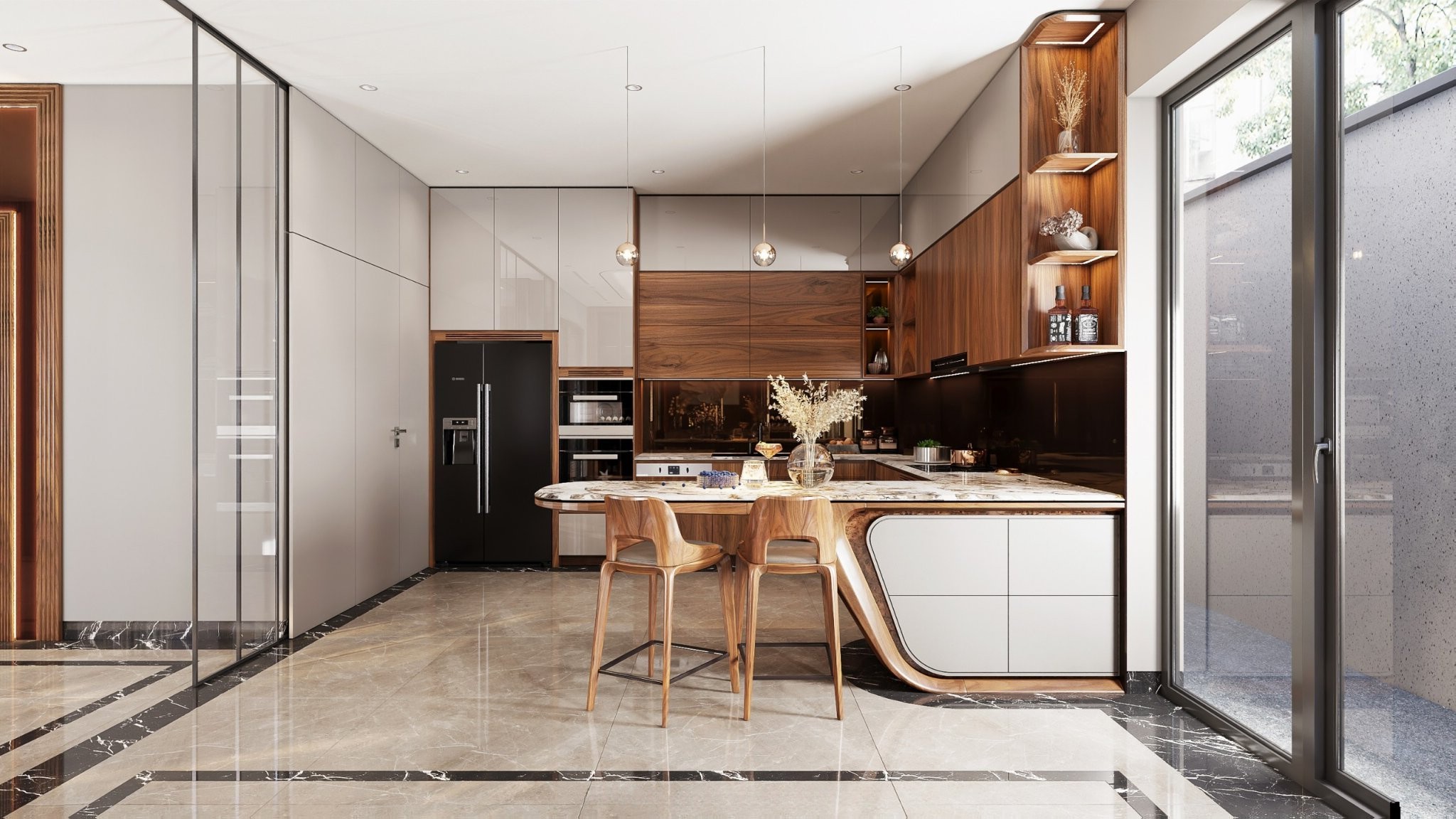 Mẫu tủ bếp gỗ óc chó hiện đại chữ L sang trọng