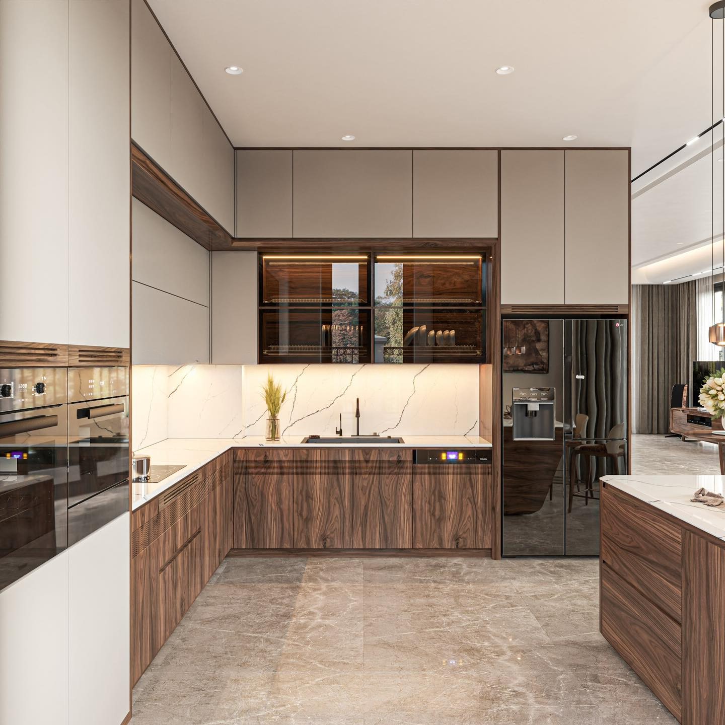 Mẫu tủ bếp gỗ chữ L cao kịch trần hiện đại chất liệu gỗ óc chó và MDF