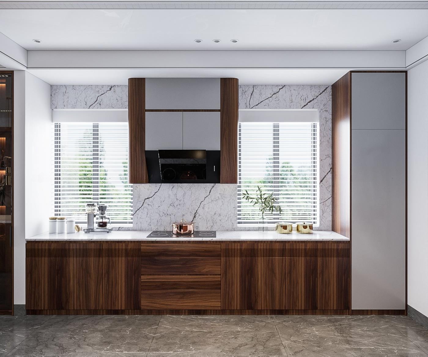 Mẫu tủ bếp thẳng đẹp chữ I nhỏ gọn với chất liệu gỗ tự nhiên và mặt bàn đá granite