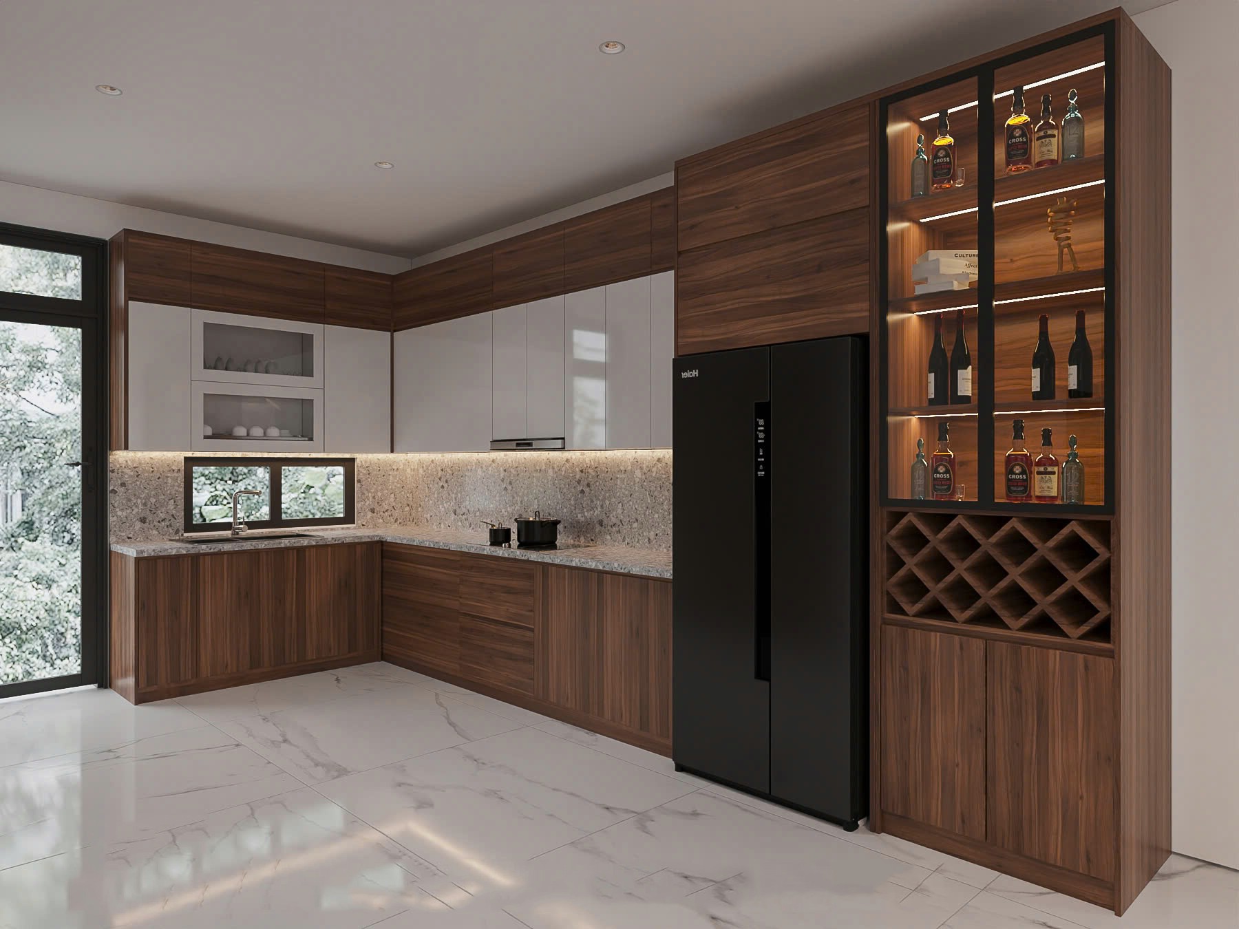 Mẫu tủ bếp chữ L với tủ rượu tích hợp tủ lạnh và chất liệu veneer gỗ óc chó