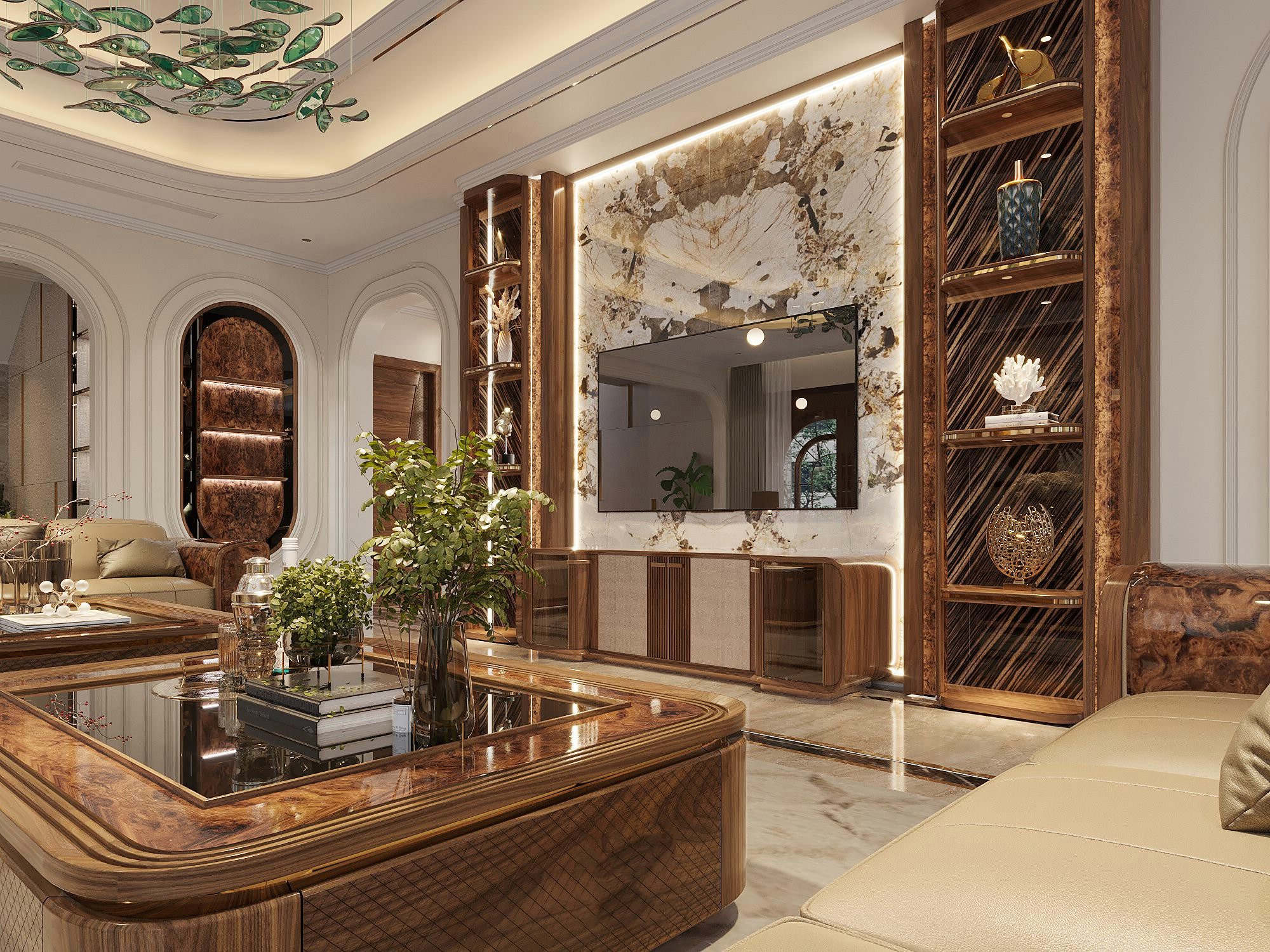 Mẫu tủ kệ tivi phòng khách hiện đại hình hộp chữ nhật ốp lam sóng