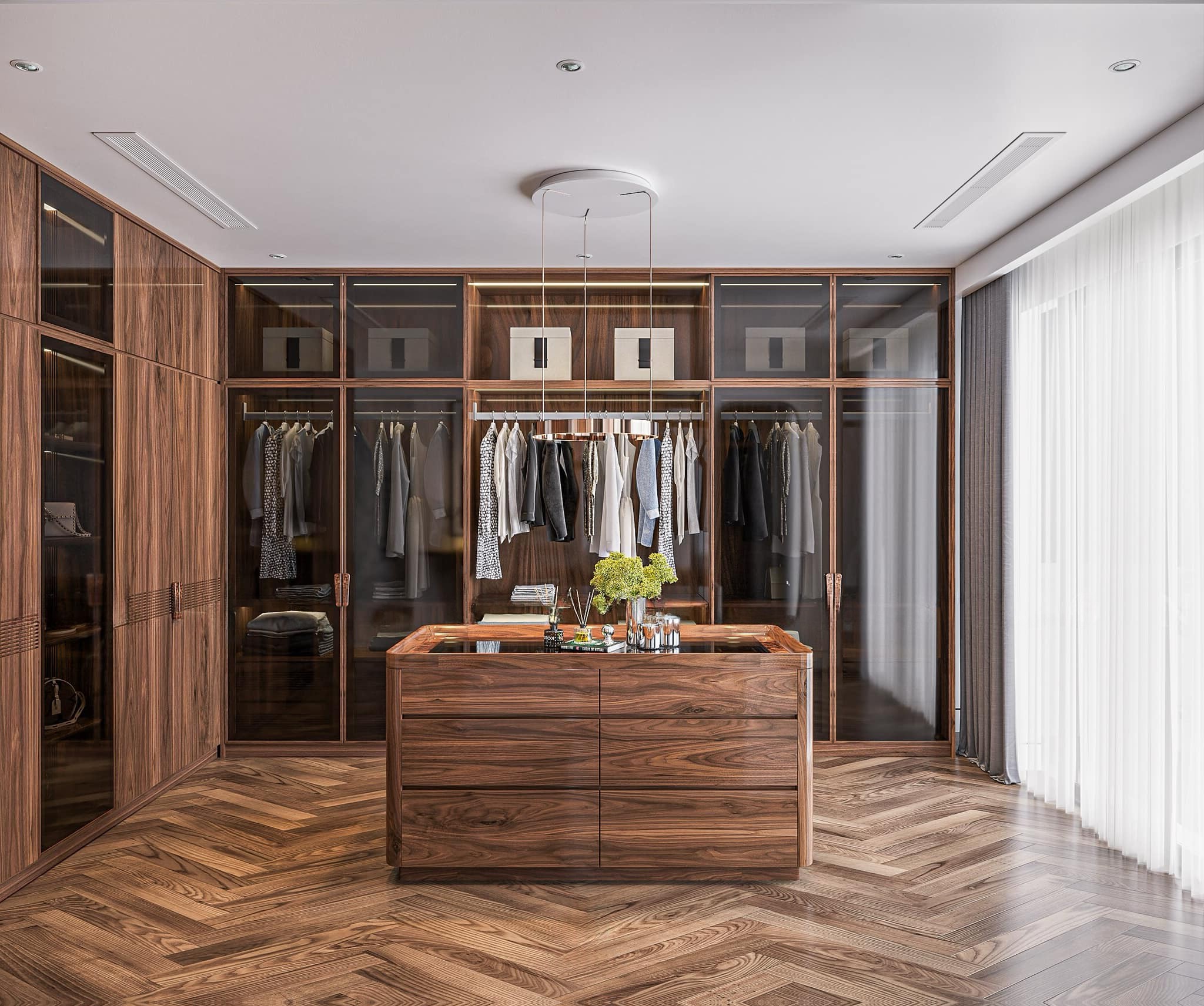 Mẫu tủ quần áo chữ L đẹp gỗ óc chó cao kịch trần kết hợp cánh kính hiện đại