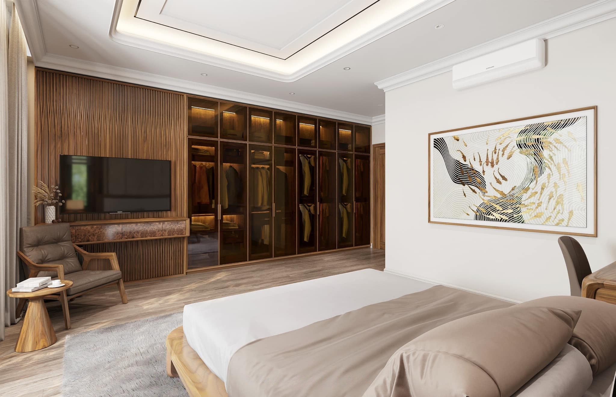 Mẫu tủ quần áo gỗ óc chó cao cấp với kệ tivi và đèn led âm tủ