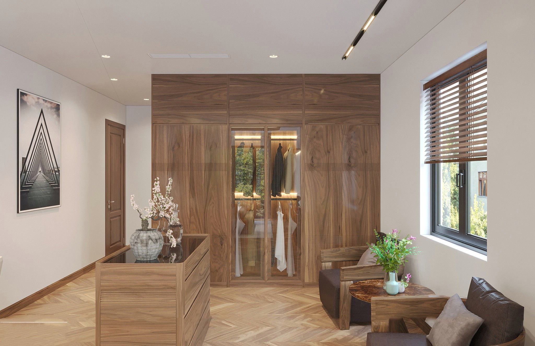 Mẫu tủ quần áo gỗ tự nhiên 6 cánh kiểu chữ I với cánh kính trung tâm