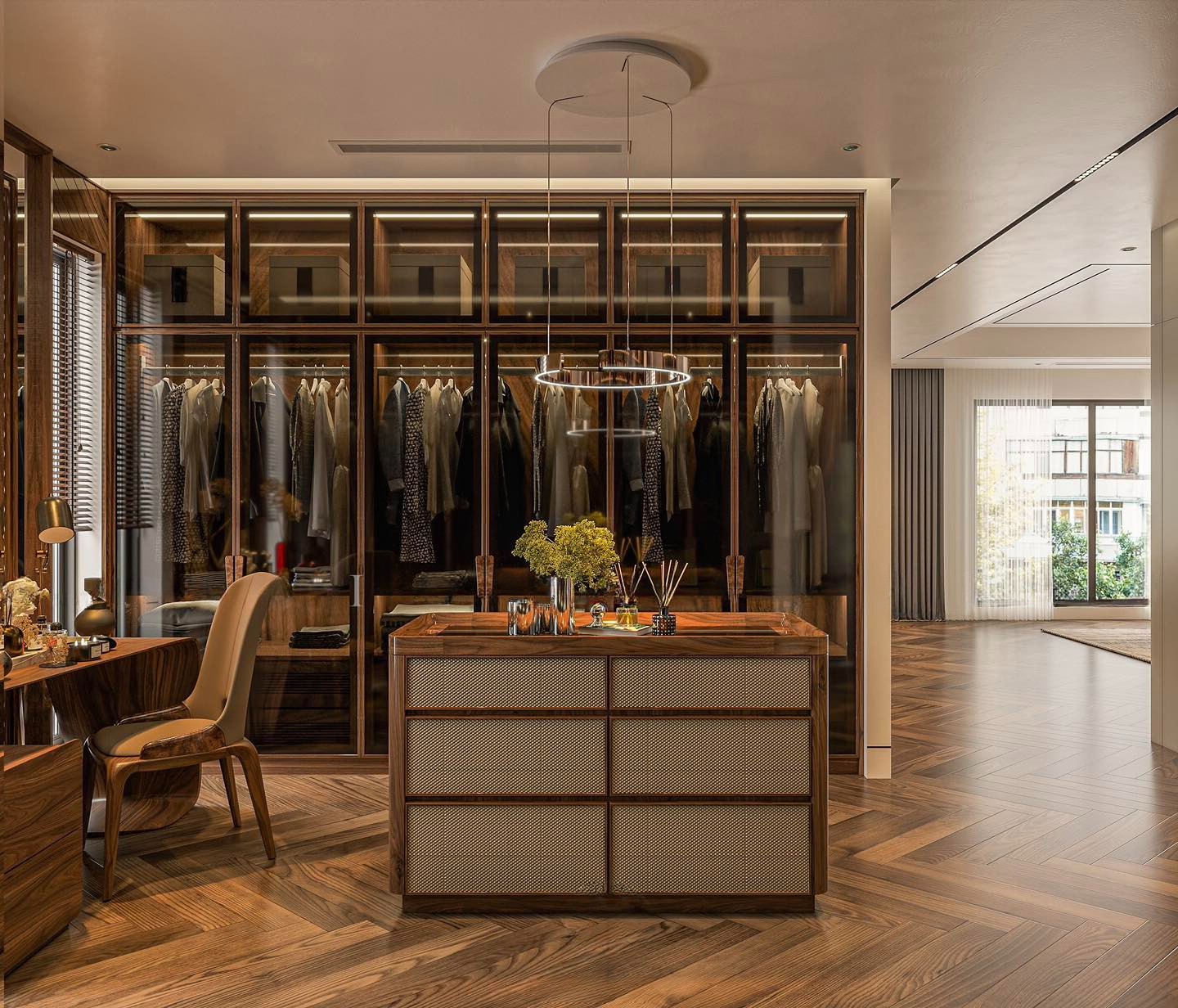 Mẫu tủ quần áo gỗ cao kịch trần với hệ cánh kính và tay nắm veneer nu tinh tế