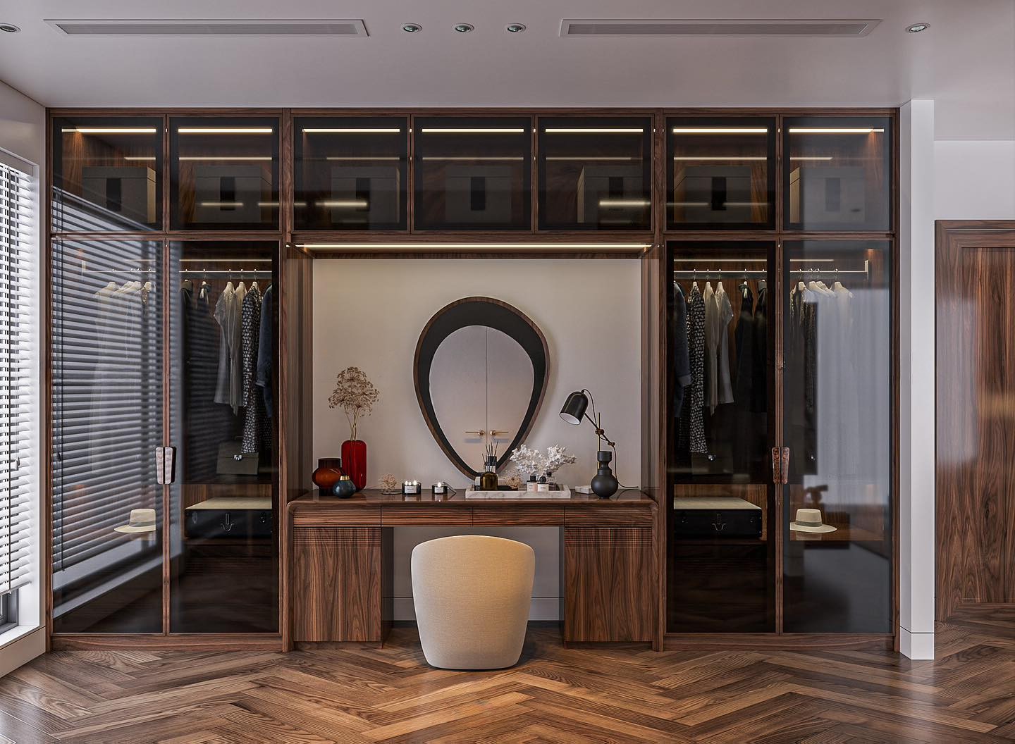 Mẫu tủ quần áo kết hợp bàn trang điểm hiện đại từ gỗ óc chó với hệ tủ kính sang trọng
