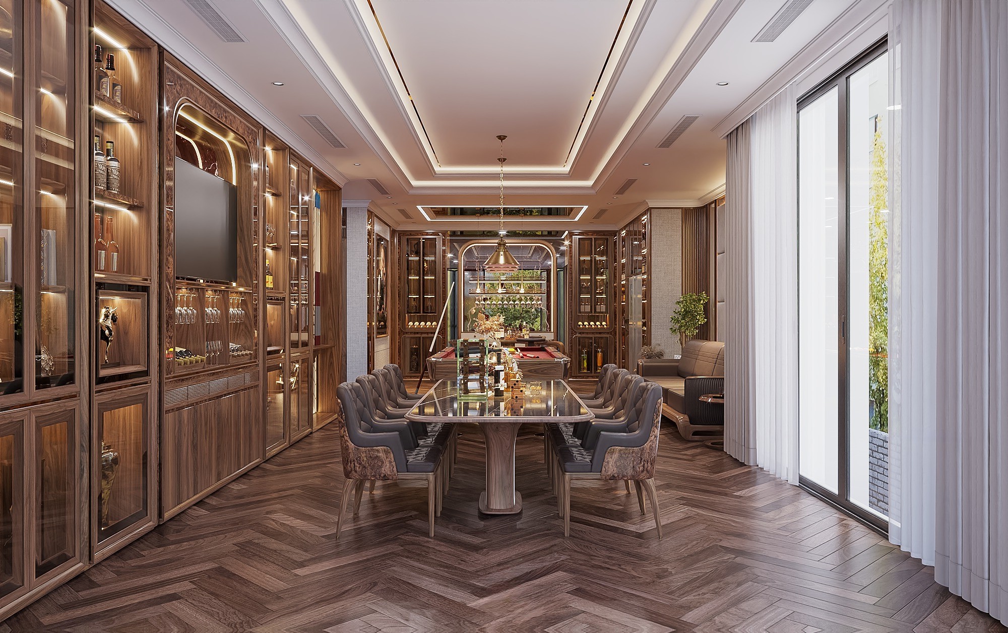 Mẫu tủ rượu gỗ óc chó đẹp sang trọng cho phòng khách hiện đại