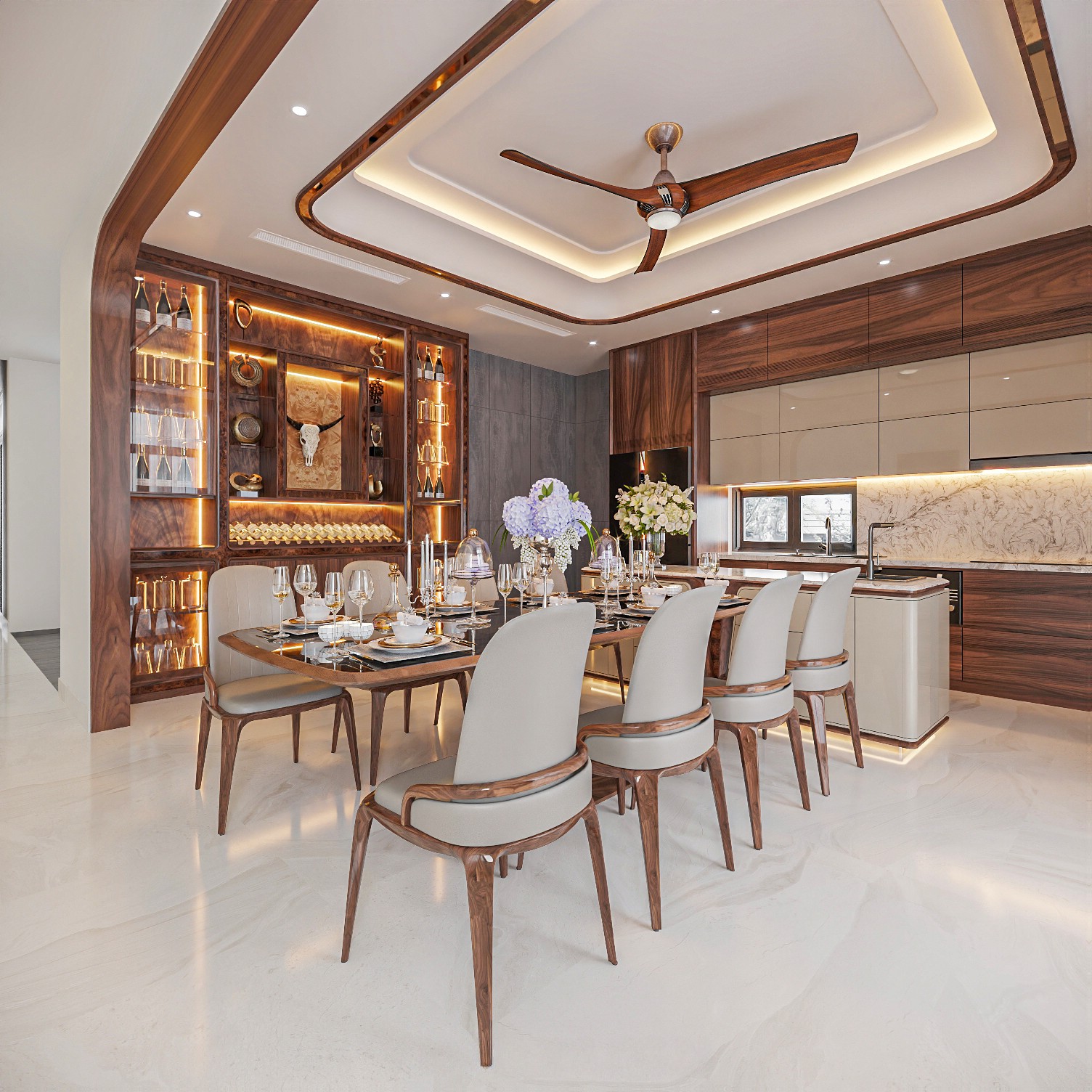 Mẫu tủ rượu hiện đại kịch trần gỗ veneer nu với kệ kính và đèn led âm tủ